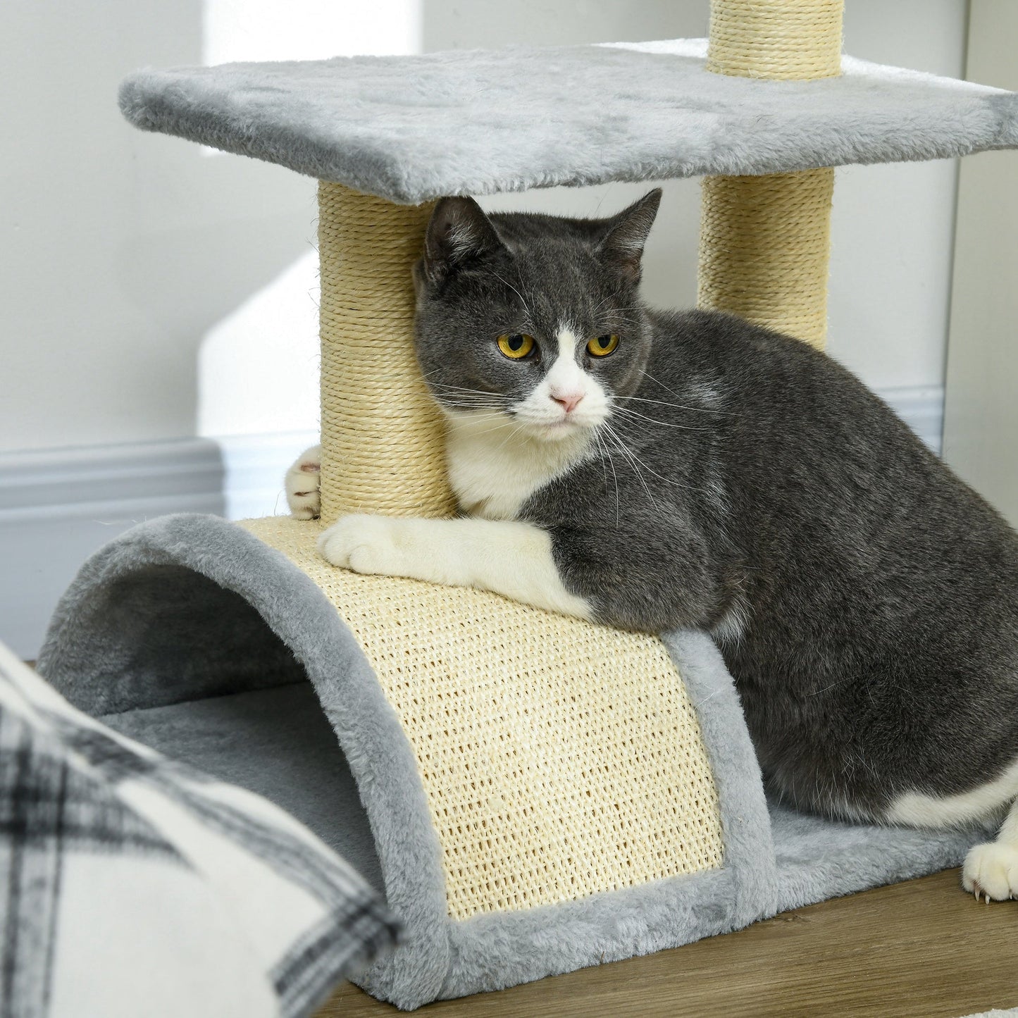 Cat Tree Tower for Indoor Cats, 28 Inches Climbing Activity Center w/ Sisal Scratching Post, Pad, Arc Perch, Hanging Ball, Toy, Light Grey and Cream White