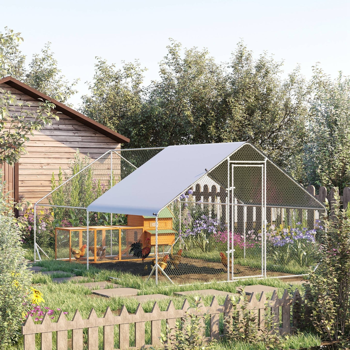 Metal Chicken Coop, Walk-in Large Chicken Run, Poultry Cage for Backyard Hen, Duck, Rabbit with Water- and UV-Protection Cover, for 8-12 Chickens, 9.8' x 13.1' x 6.6'
