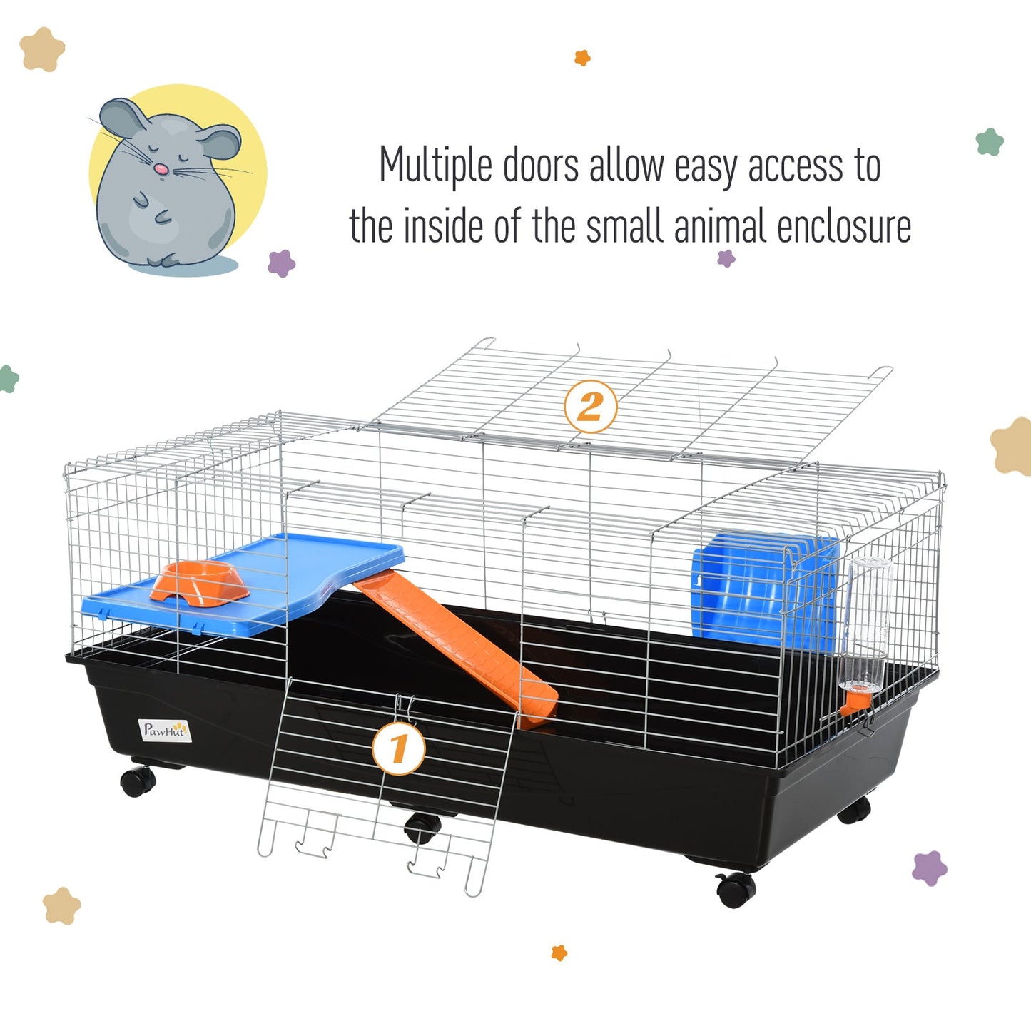 47" Small Animal Cage, Rolling Bunny Cage, Guinea Pig Cage with Food Dish, Water Bottle, Hay Feeder, Platform, Ramp for Chinchilla, Black