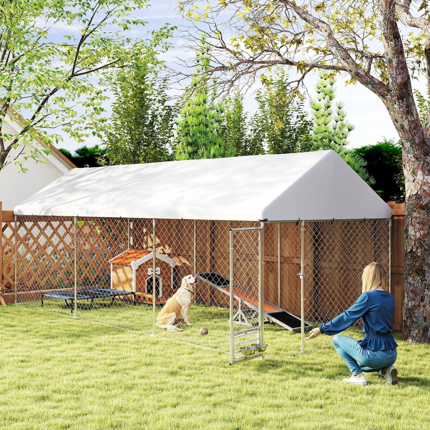 Outdoor Dog Kennel with Roof, Heavy Duty Dog Run Outdoor Fence Cage with Adjustable & Rotating Bowls, Waterproof UV-Resistant Cover, Secure Lock, 19.7' x 7.5' x 7.5'