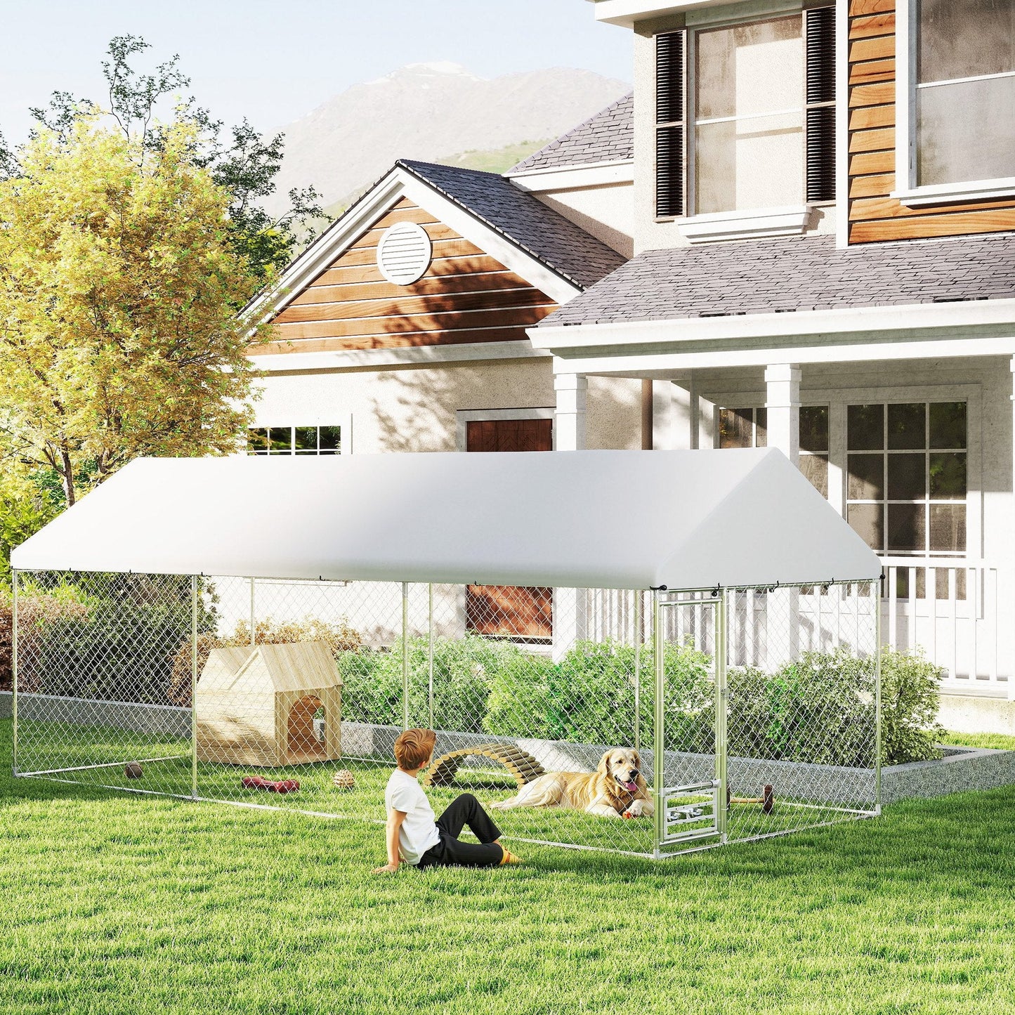 Outdoor Dog Kennel with Roof, Heavy Duty Dog Run Outdoor Fence Cage with Adjustable & Rotating Bowls, Waterproof UV-Resistant Cover, Secure Lock, 19.7' x 7.5' x 7.5'