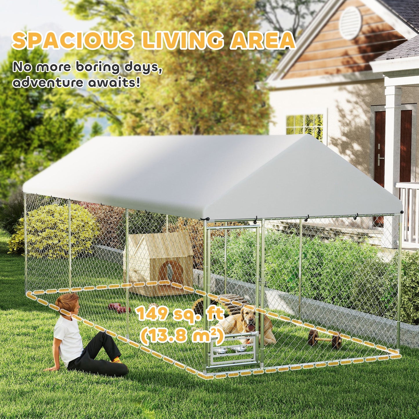 Outdoor Dog Kennel with Roof, Heavy Duty Dog Run Outdoor Fence Cage with Adjustable & Rotating Bowls, Waterproof UV-Resistant Cover, Secure Lock, 19.7' x 7.5' x 7.5'
