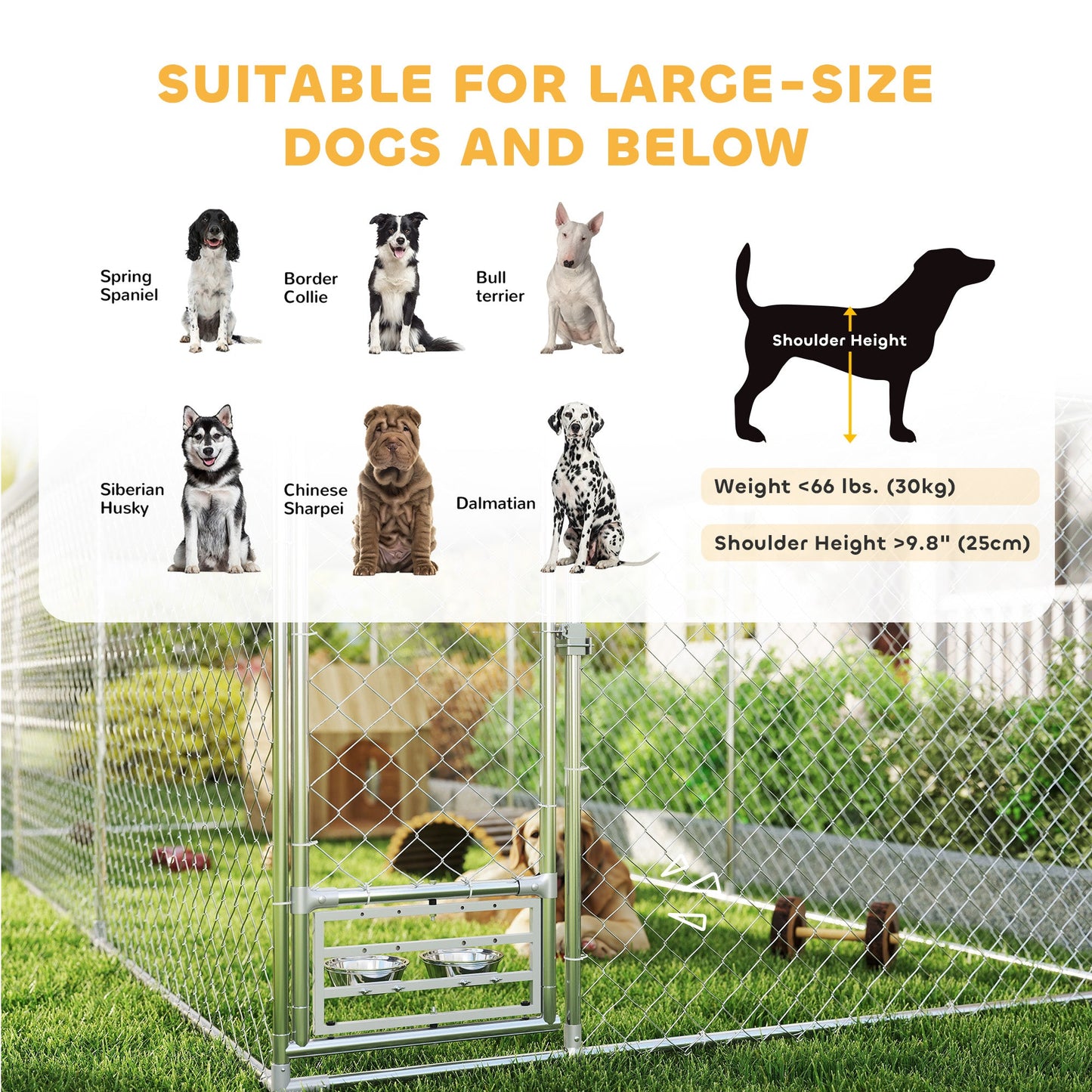 Outdoor Dog Kennel with Roof, Heavy Duty Dog Run Outdoor Fence Cage with Adjustable & Rotating Bowls, Waterproof UV-Resistant Cover, Secure Lock, 19.7' x 7.5' x 7.5'