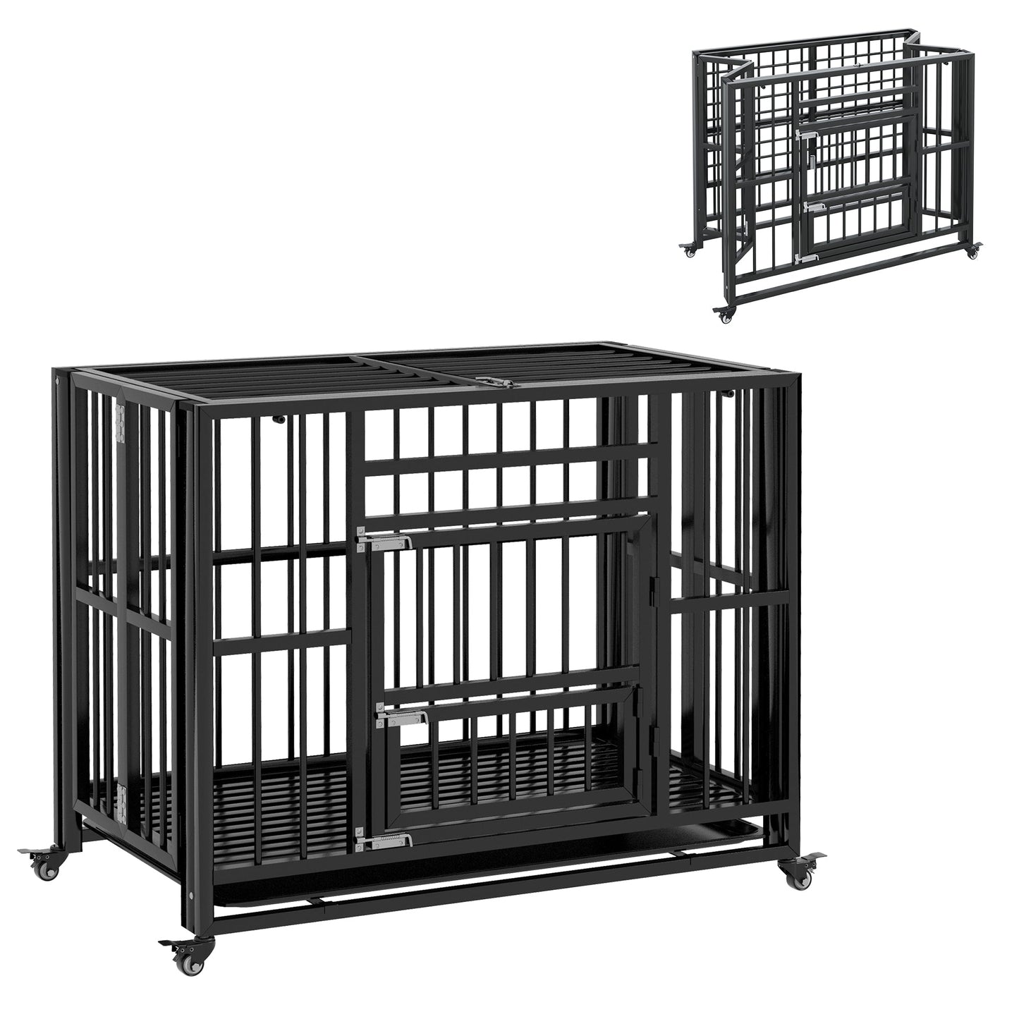 37" Heavy Duty Dog Crate, Foldable Dog Cage on Wheels with Double Locks, Removable Tray, Openable Top, Double Doors, Indoor Outdoor Use, for Small and Medium Dogs - Black