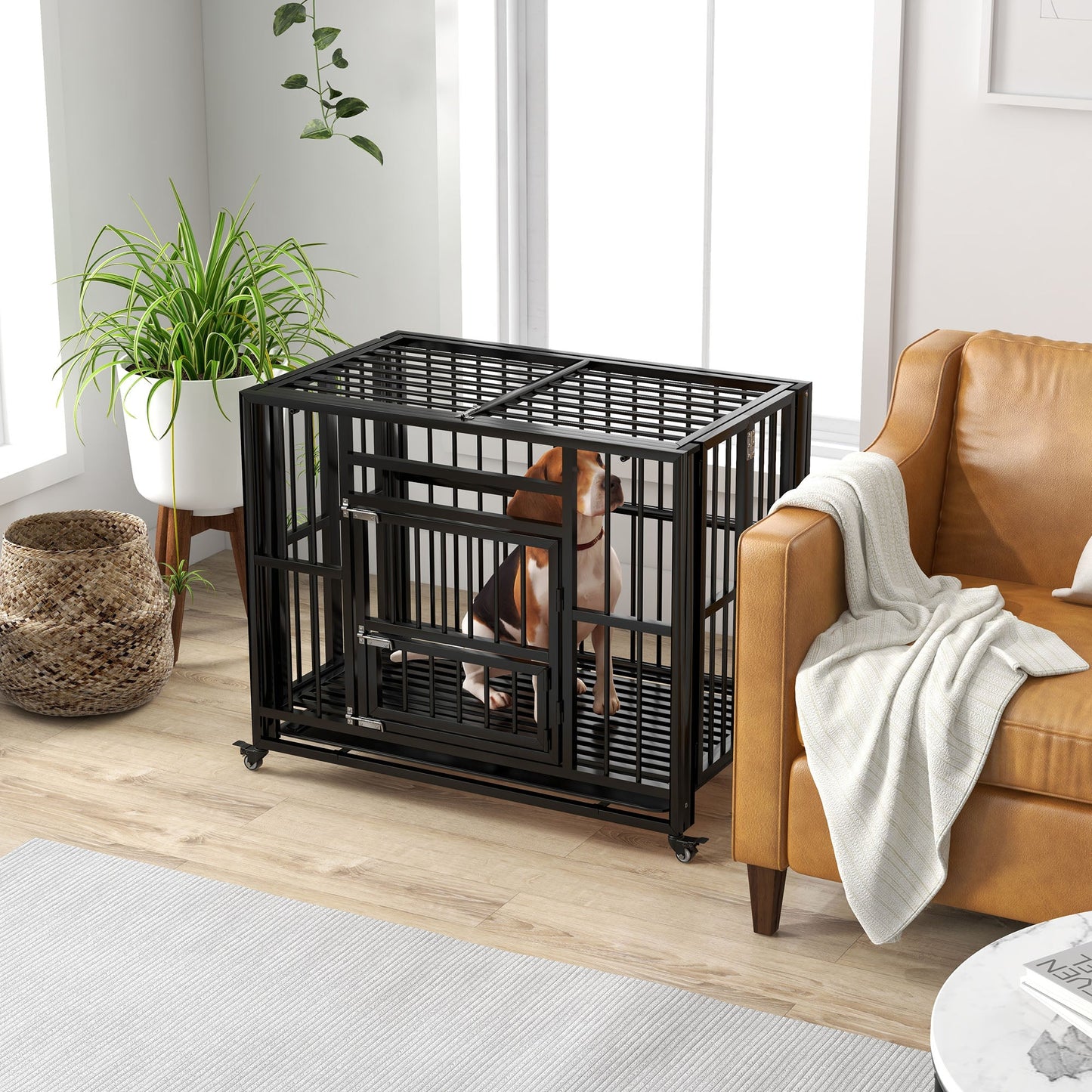 37" Heavy Duty Dog Crate, Foldable Dog Cage on Wheels with Double Locks, Removable Tray, Openable Top, Double Doors, Indoor Outdoor Use, for Small and Medium Dogs - Black