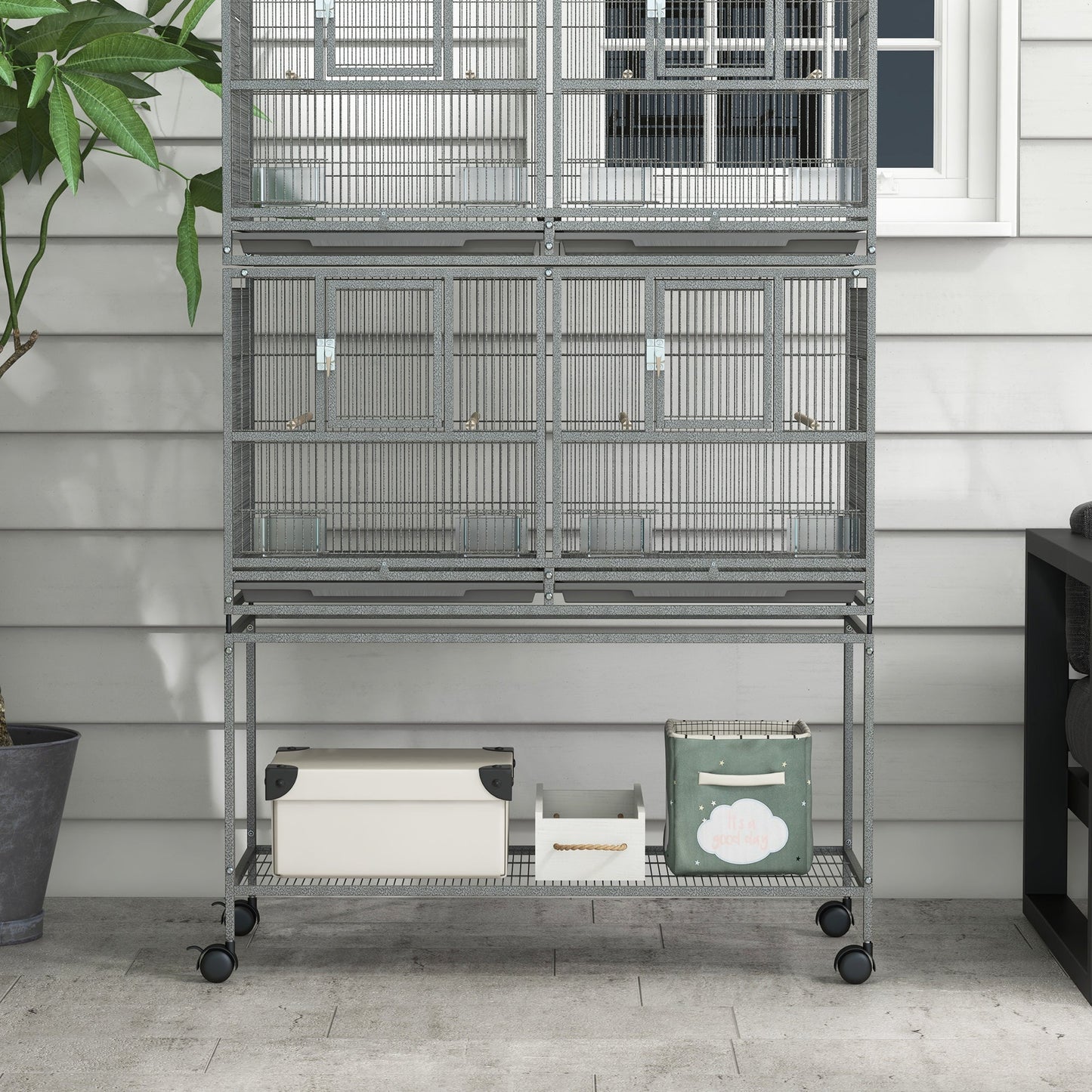 61"H Divided Breeder Bird Cage with Rolling Stand Removable Metal Tray, Storage Shelf, Wood Perch, and Food Container, Dark Grey