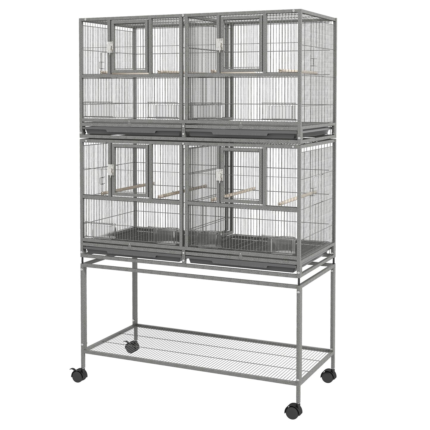 61"H Divided Breeder Bird Cage with Rolling Stand Removable Metal Tray, Storage Shelf, Wood Perch, and Food Container, Dark Grey