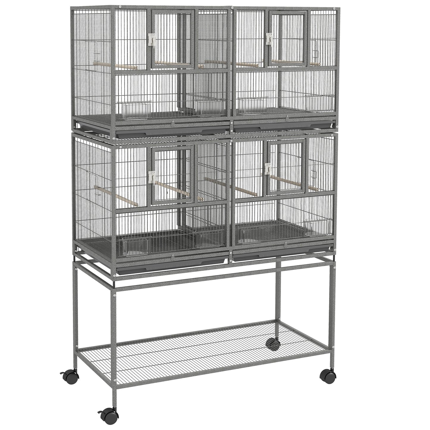 61"H Divided Breeder Bird Cage with Rolling Stand Removable Metal Tray, Storage Shelf, Wood Perch, and Food Container, Dark Grey