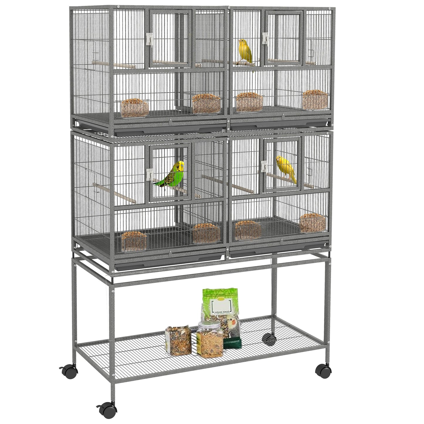 61"H Divided Breeder Bird Cage with Rolling Stand Removable Metal Tray, Storage Shelf, Wood Perch, and Food Container, Dark Grey