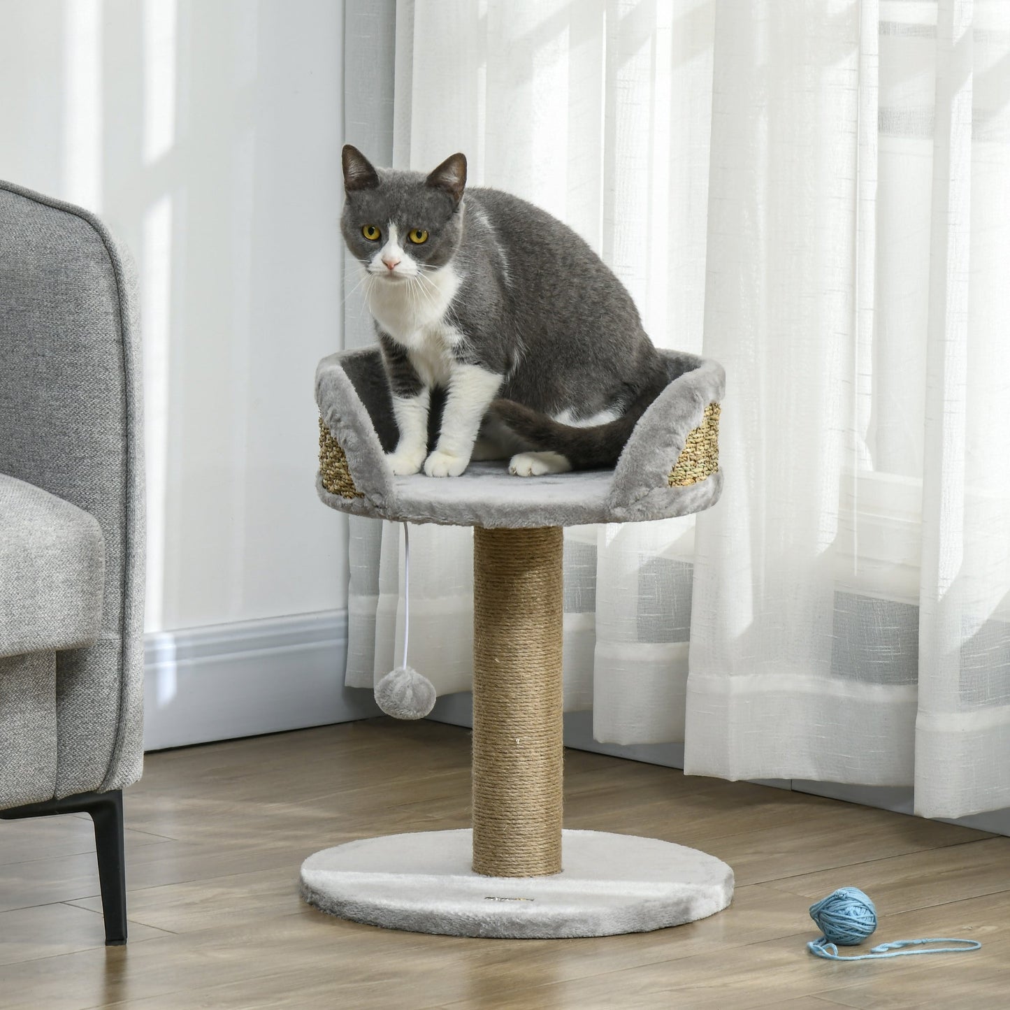 Small Cat Tree with Scratching Post, Perch, Toy Ball, Cat Tower for Indoor Cats - 16" x 16" x 19", Grey
