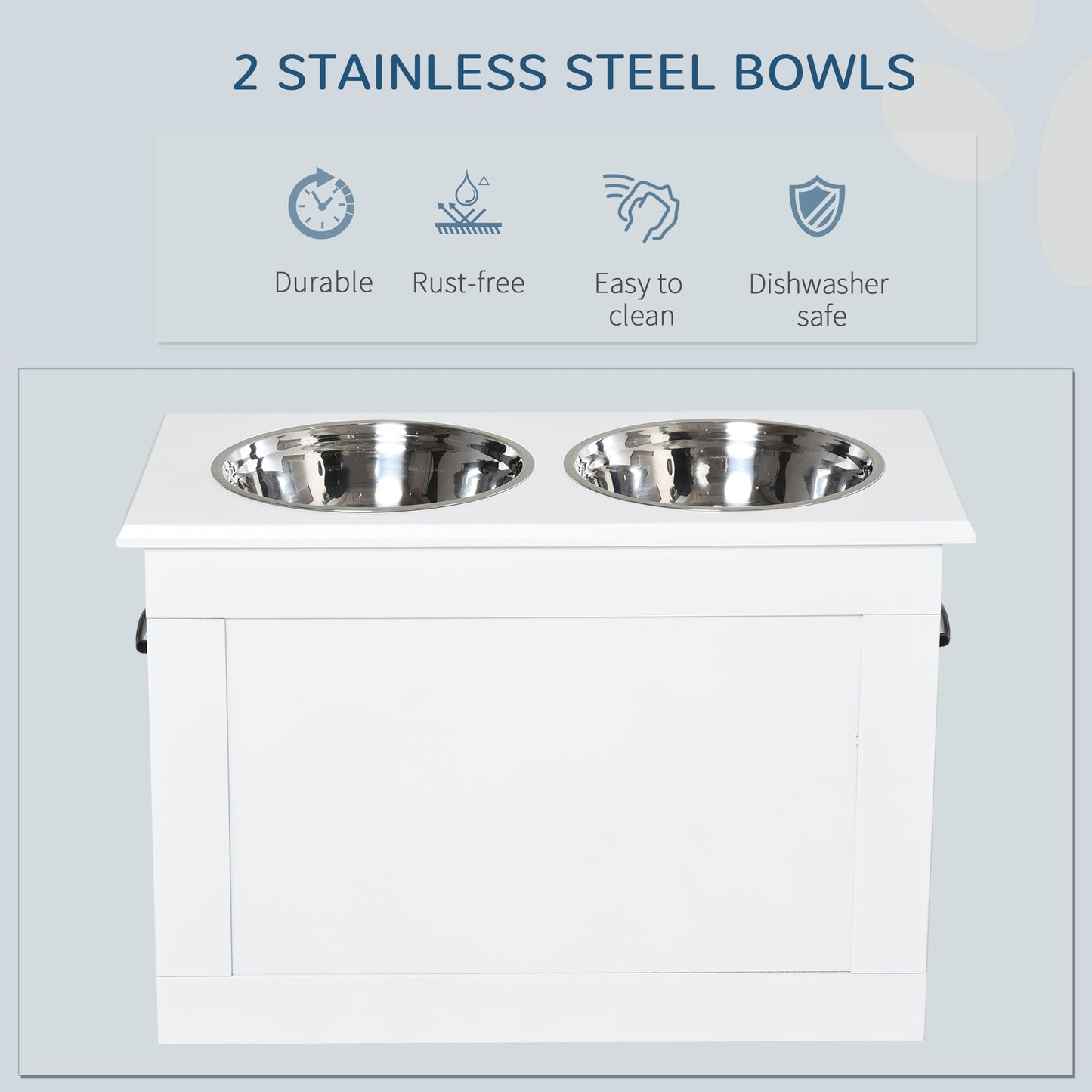Elevated Dog Bowls for Large Dogs with Storage Dog Pet Diner Function 2 Stainless Steel Dog Bowls Elevated Base for Big-sized Dogs and Other Large Pets, White