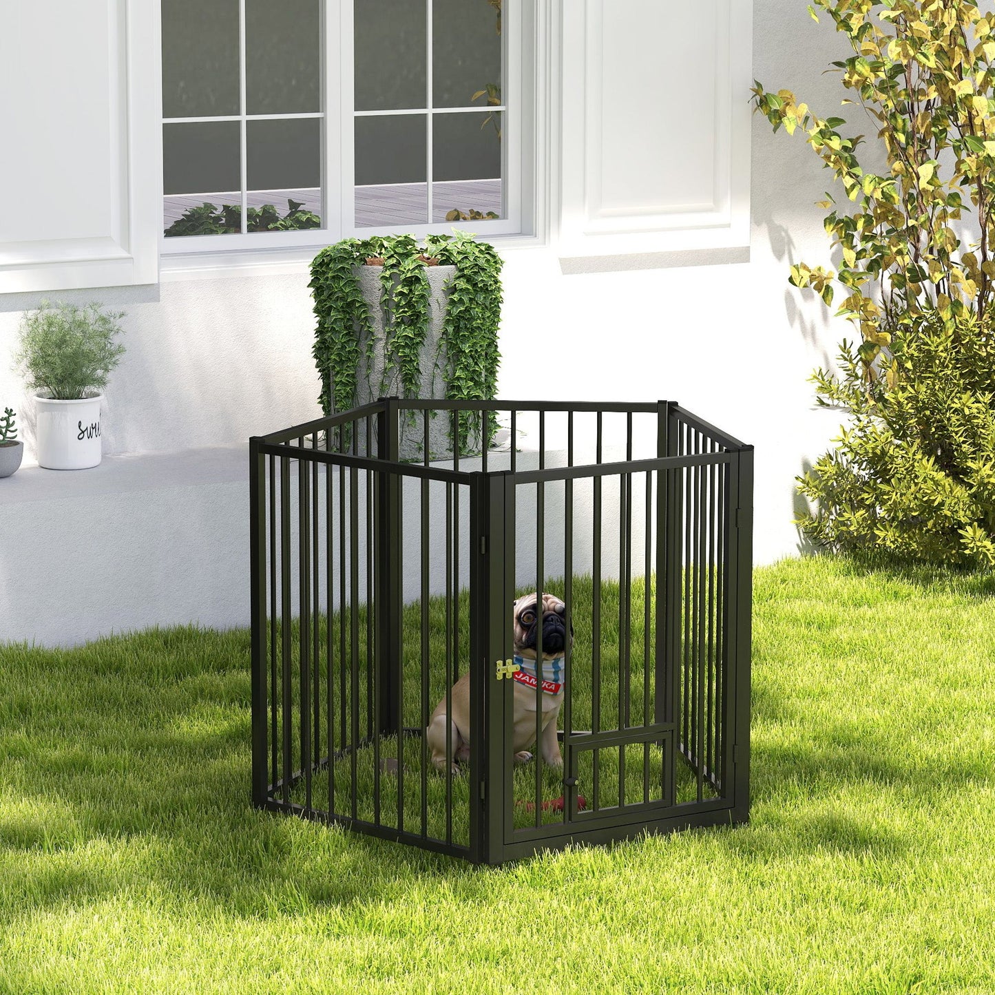 Dog Playpen, 30"H Pet Playpen, 5 Panels Puppy Exercise Pen Heavy Duty with Dog Gate & Cat Door, Indoor Outdoor Foldable Portable Dog Fence for Small & Medium Dogs