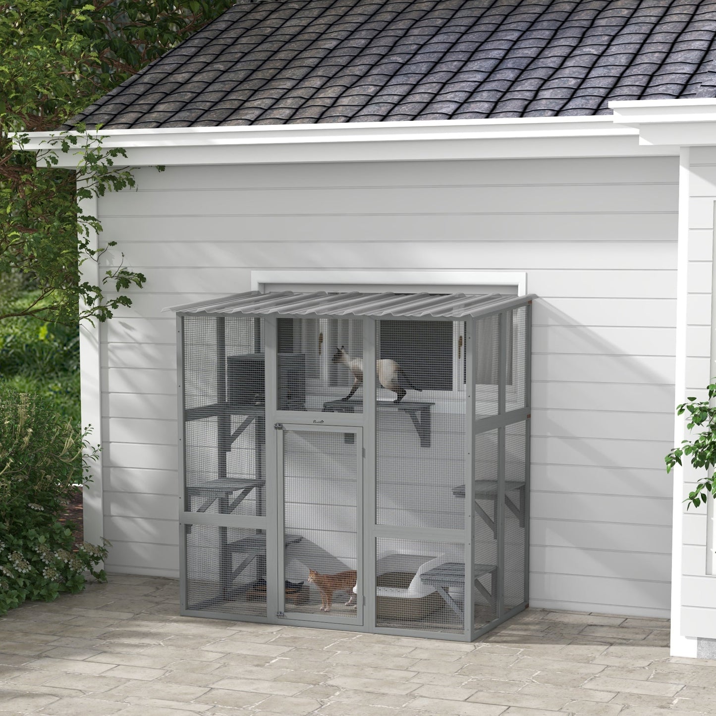 Catio, Wooden Outdoor Cat Enclosure Window Box with Weatherproof Roof, Bridge, Resting Box, Platforms, Cat Cage for 2 Kittens, Grey