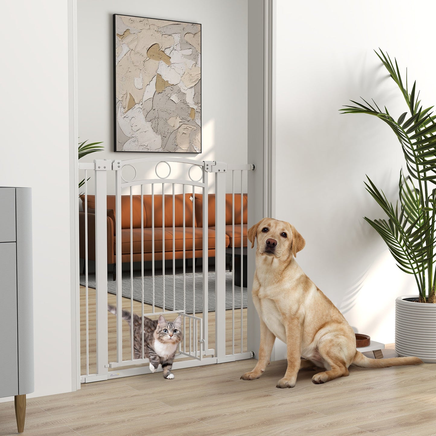 Dog Gate, 42" Extra Tall Pet Gate with Cat Door, Includes 2.8" and 5.5" Extension Kits, Pressure Mounted Stair Gate for Doorways, Hallways, Stairways, 30"-41" Width