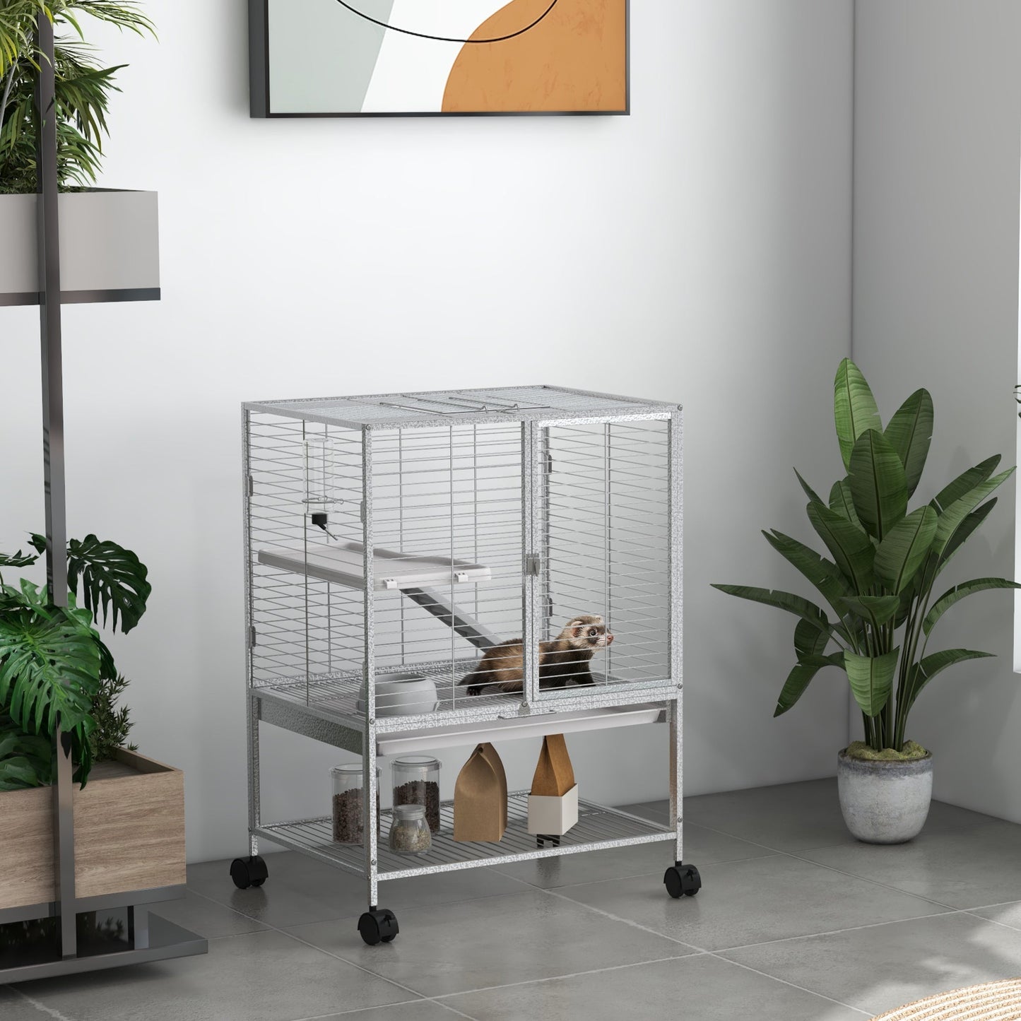 Small Animal Cage with Wheels, Pet Playpen for Rat, Kitten, Ferrets, Chinchillas with Bottom Storage Shelf, Removable Tray, Ramp, 24.2" x 17.9" x 33.9", Light Grey