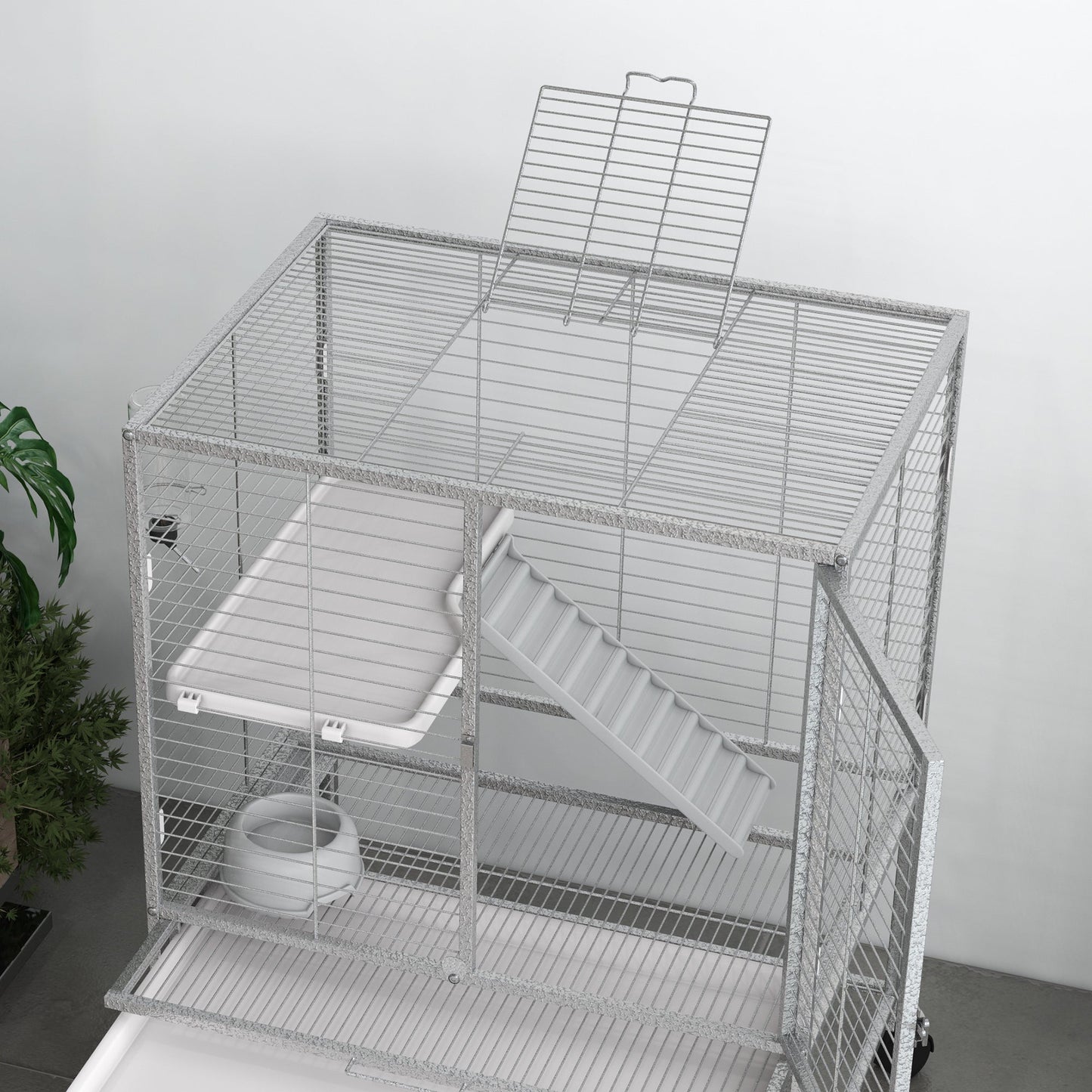 Small Animal Cage with Wheels, Pet Playpen for Rat, Kitten, Ferrets, Chinchillas with Bottom Storage Shelf, Removable Tray, Ramp, 24.2" x 17.9" x 33.9", Light Grey