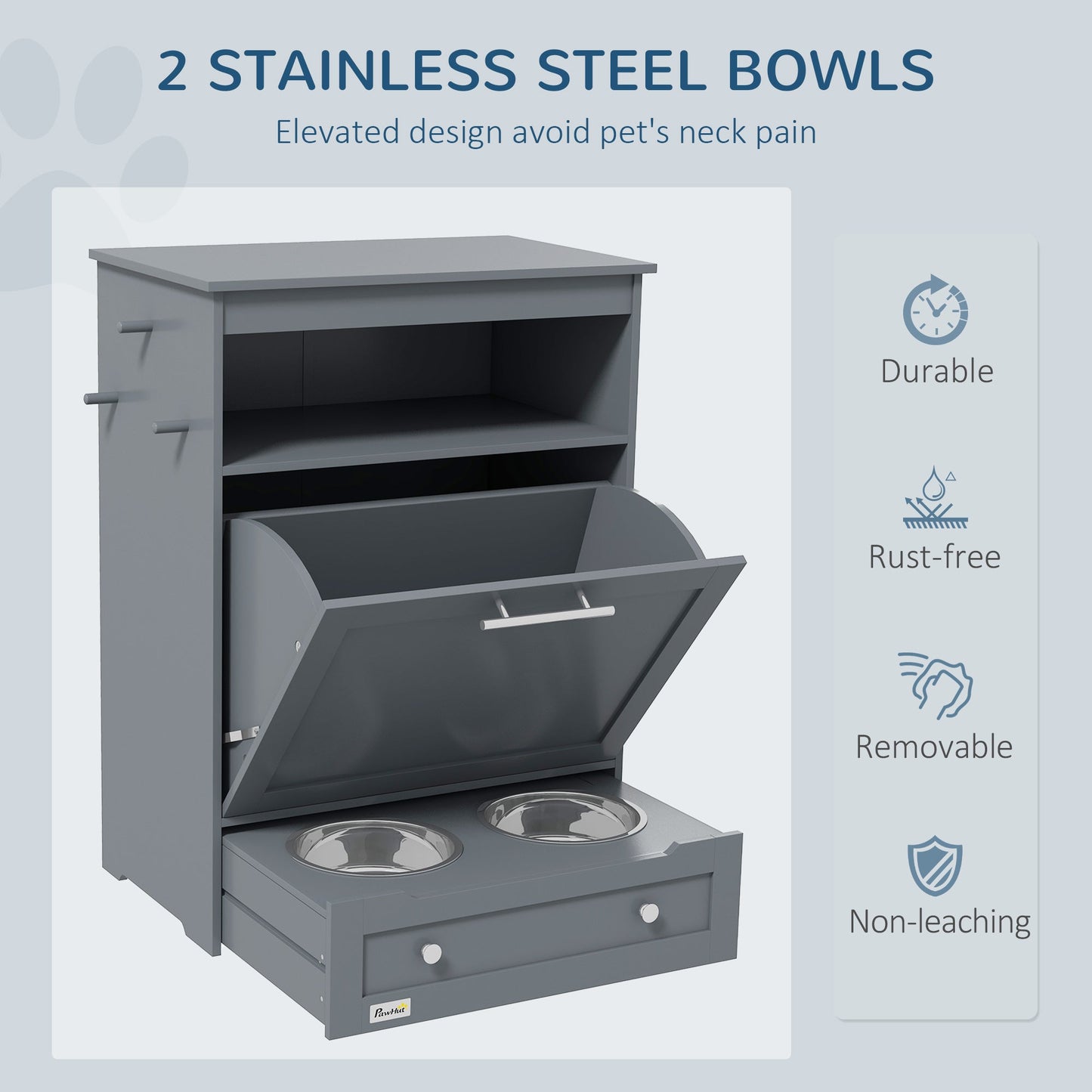 Cat Dog Feeding Station, Dog Food Storage Cabinet, Pet Feeder Container with Raised Bowls and Hanger for Feeding & Watering Supplies, Grey