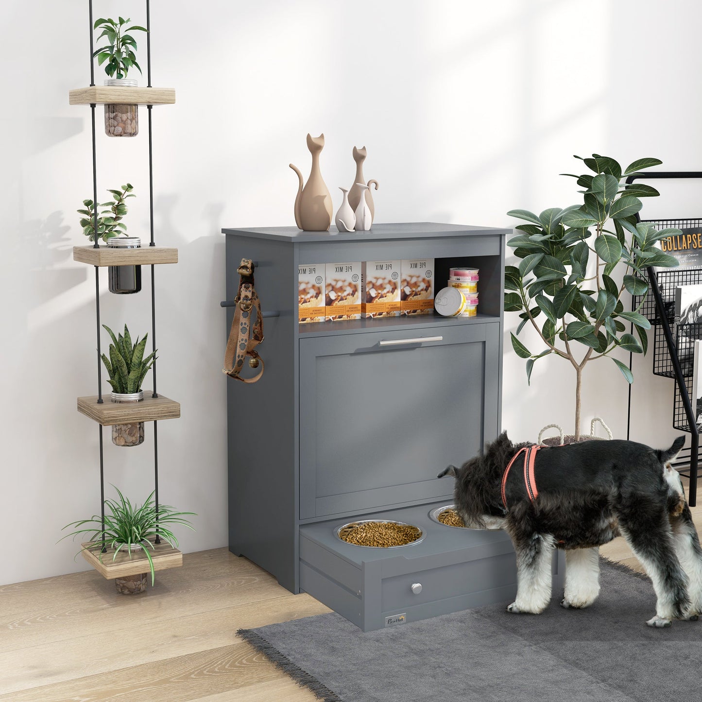 Cat Dog Feeding Station, Dog Food Storage Cabinet, Pet Feeder Container with Raised Bowls and Hanger for Feeding & Watering Supplies, Grey