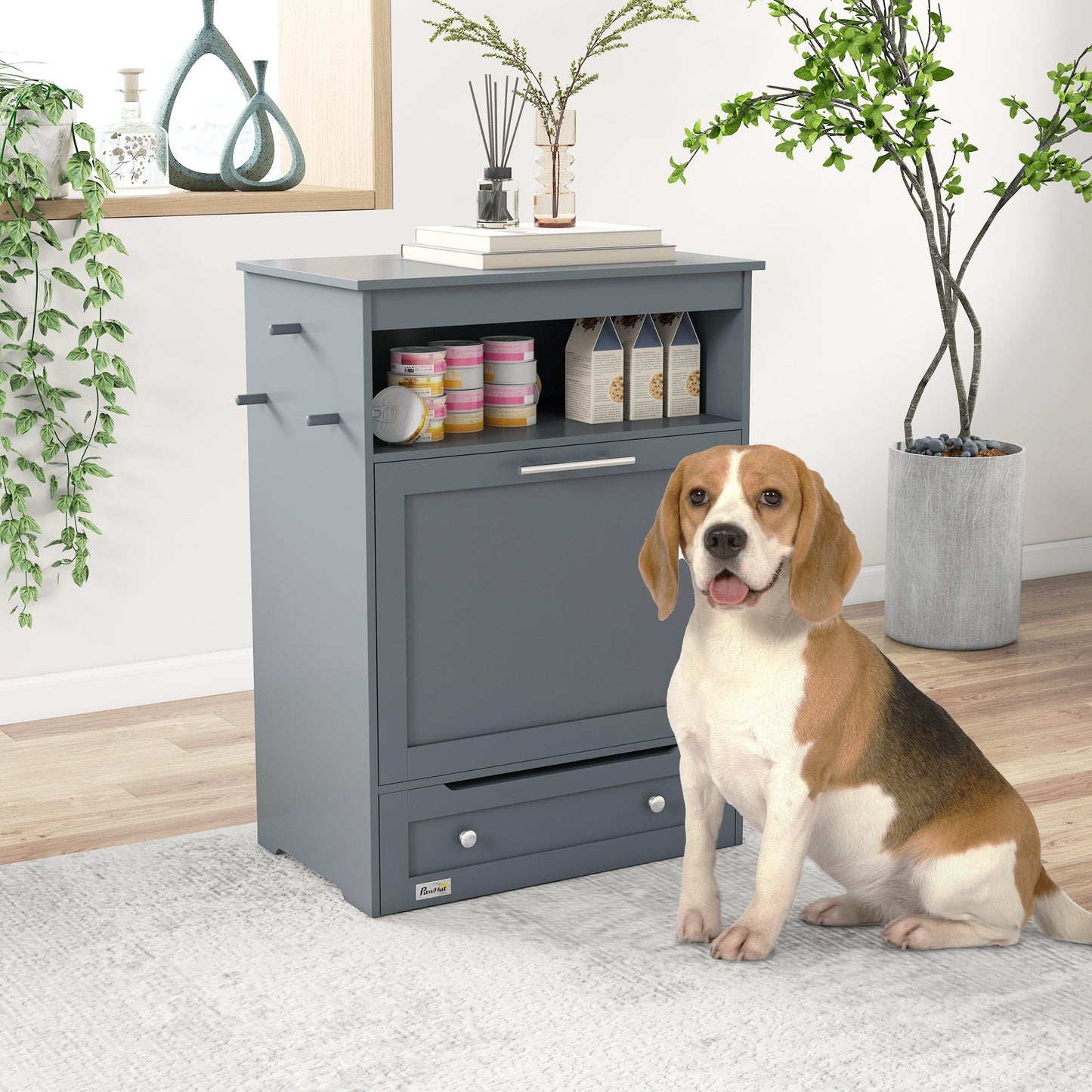 Cat Dog Feeding Station, Dog Food Storage Cabinet, Pet Feeder Container with Raised Bowls and Hanger for Feeding & Watering Supplies, Grey