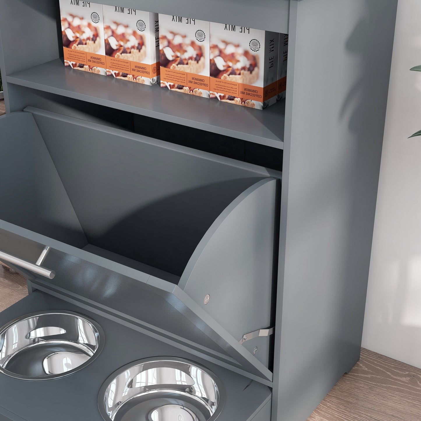 Cat Dog Feeding Station, Dog Food Storage Cabinet, Pet Feeder Container with Raised Bowls and Hanger for Feeding & Watering Supplies, Grey