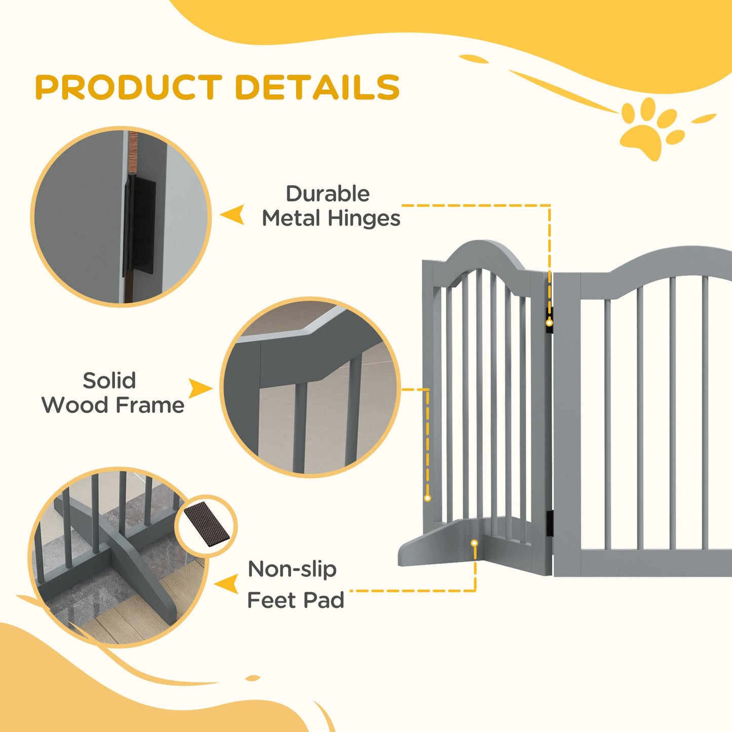 24"H Foldable Dog Gate, 3 Panels Freestanding Pet Gate Barriers Indoor with Support Feet, Puppy Fence for Small Dogs, Light Grey