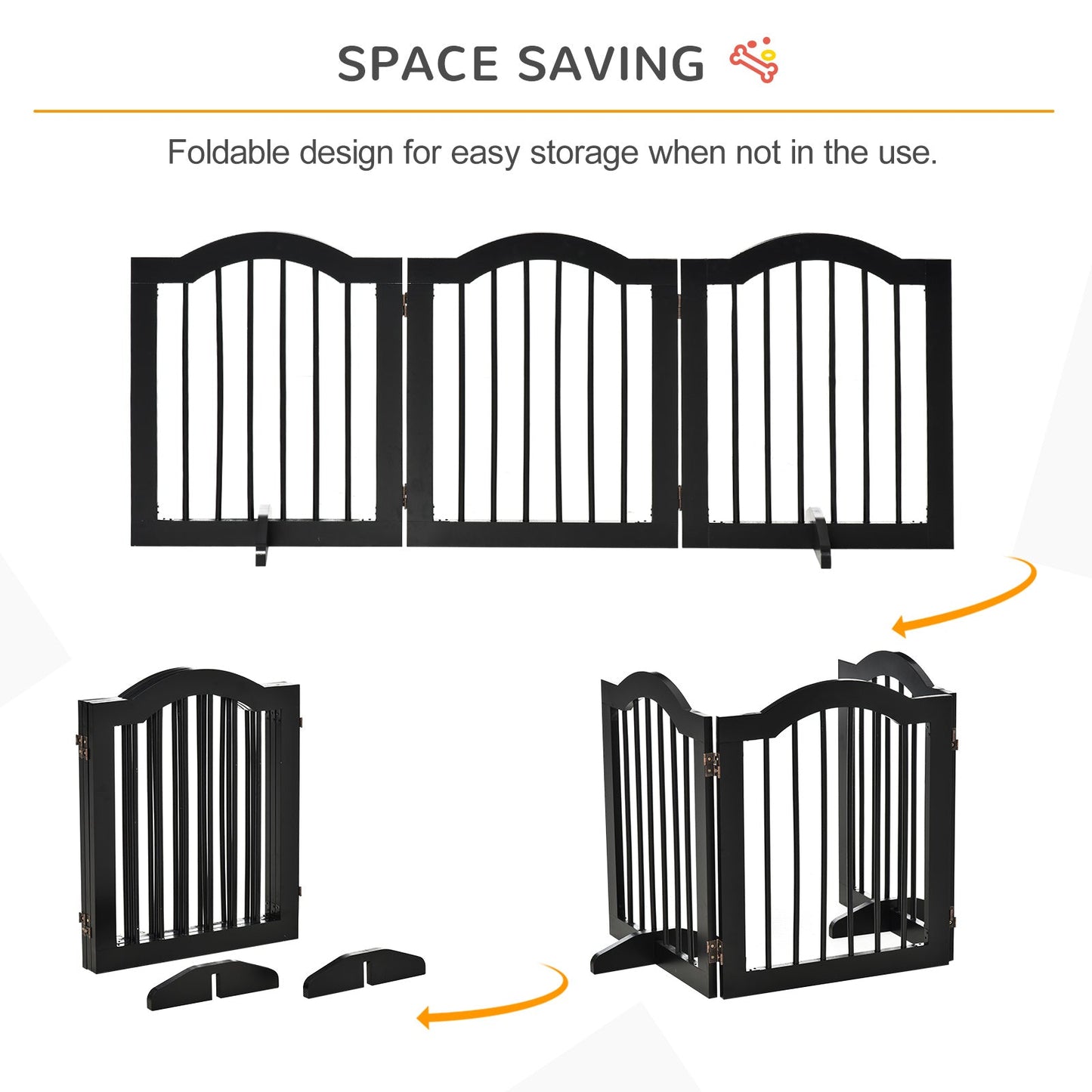 24"H Foldable Dog Gate, 3 Panels Freestanding Pet Gate Barriers Indoor with Support Feet, Puppy Fence for Small Dogs, Black