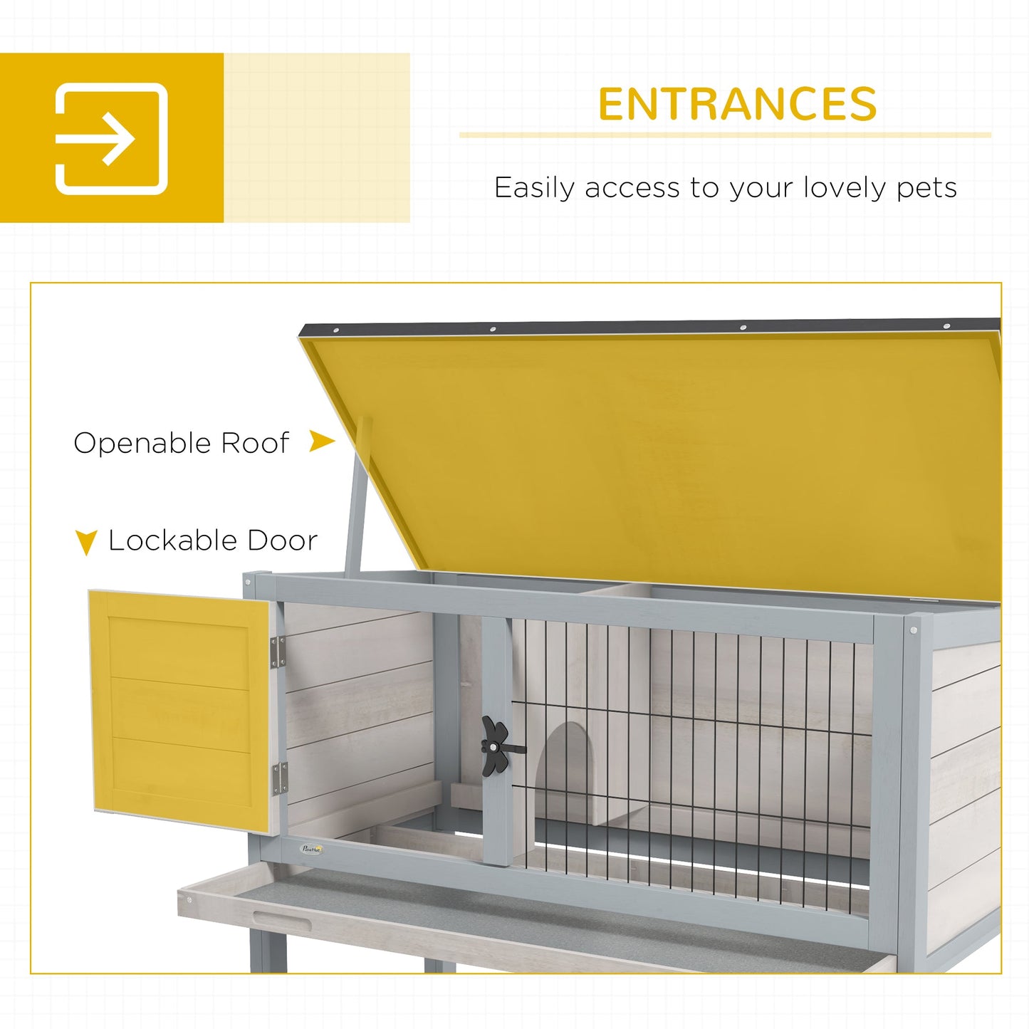 Wooden Rabbit Hutch Bunny Small Animal House with Openable Asphalt Roof, Slide-out Tray, Indoor/Outdoor, Light Grey