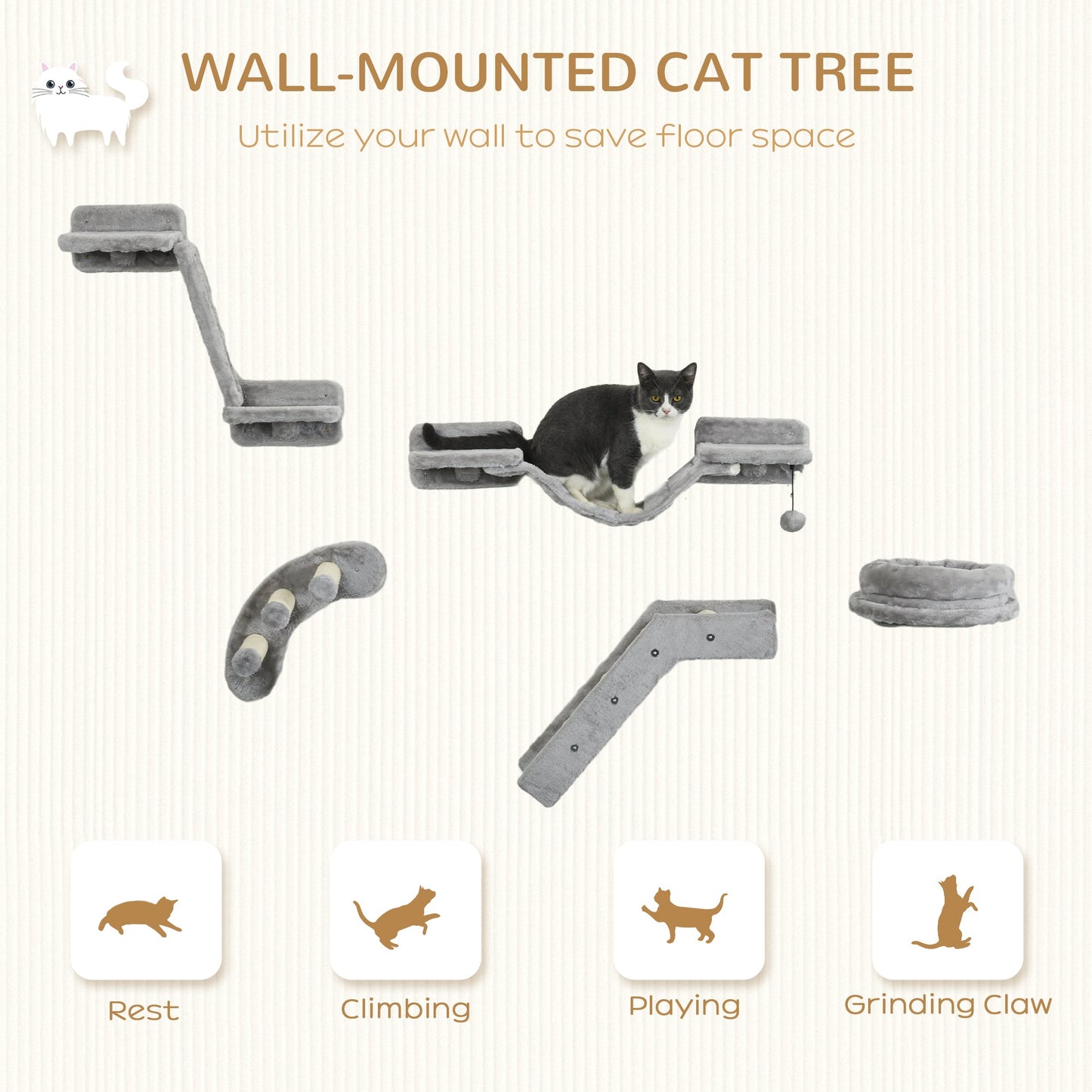 5Pcs Cat Wall Shelf with Scratching Post, Cat Wall Shelves for Relaxing, Climbing, Cat Wall With Soft Ladder, Cat Bed, Play Ball, Grey
