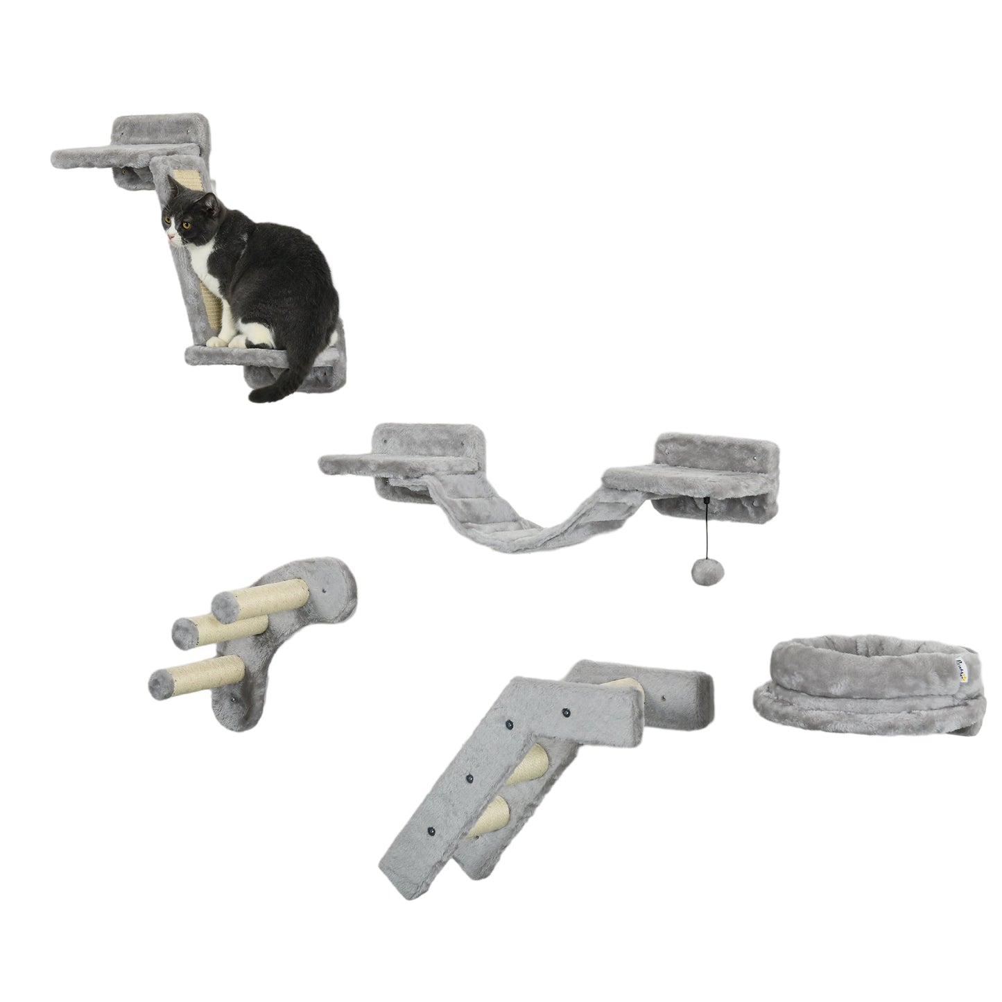 5Pcs Cat Wall Shelf with Scratching Post, Cat Wall Shelves for Relaxing, Climbing, Cat Wall With Soft Ladder, Cat Bed, Play Ball, Grey