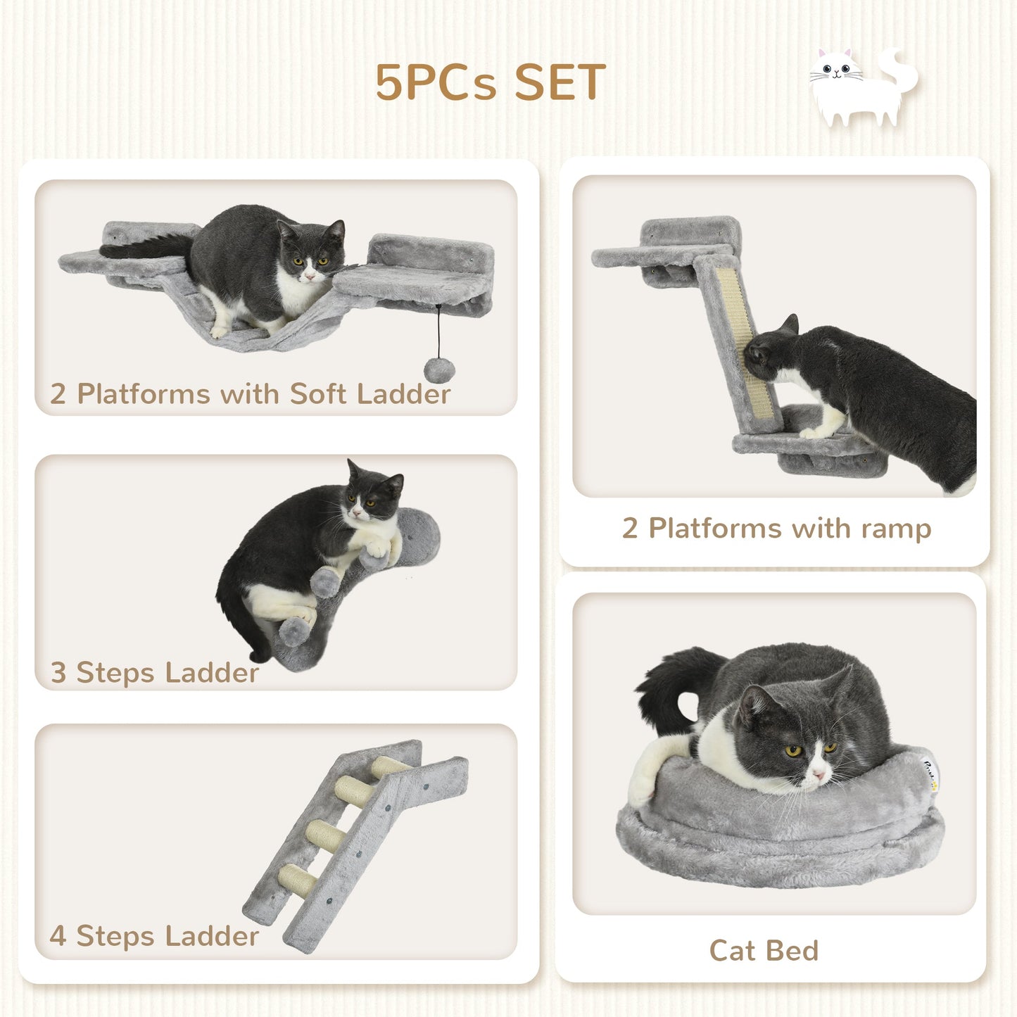 5Pcs Cat Wall Shelf with Scratching Post, Cat Wall Shelves for Relaxing, Climbing, Cat Wall With Soft Ladder, Cat Bed, Play Ball, Grey