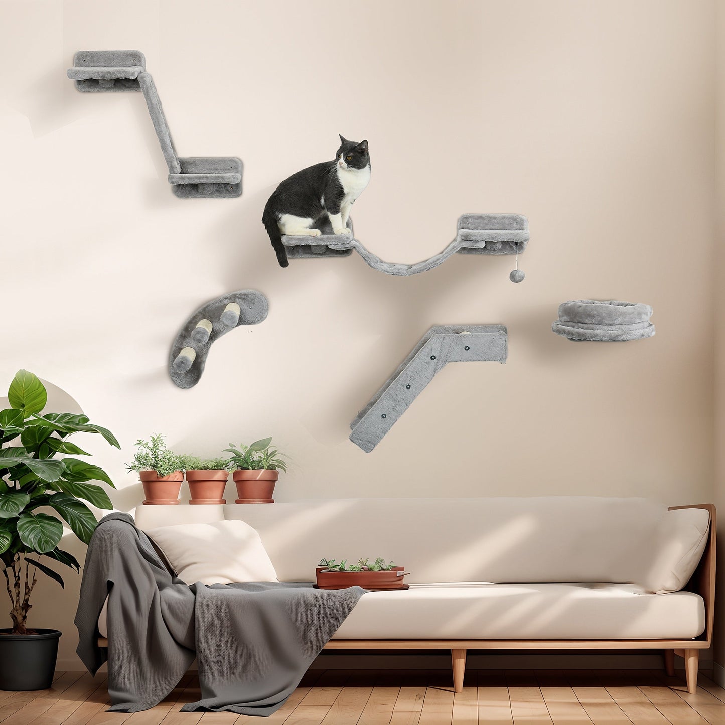 5Pcs Cat Wall Shelf with Scratching Post, Cat Wall Shelves for Relaxing, Climbing, Cat Wall With Soft Ladder, Cat Bed, Play Ball, Grey
