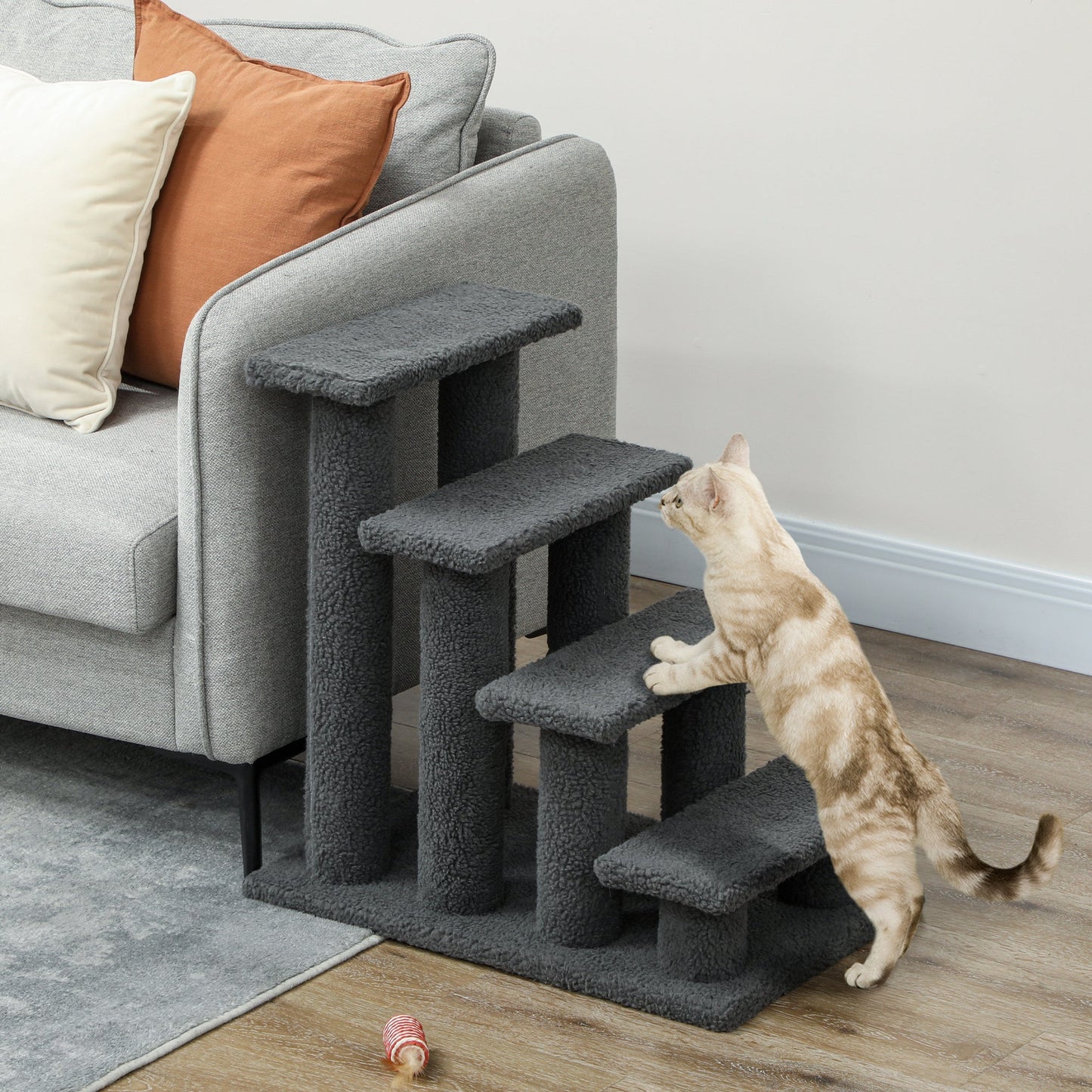 4-Step Multi-Level Carpeted Cat Scratching Post Pet Stairs, Dark Grey