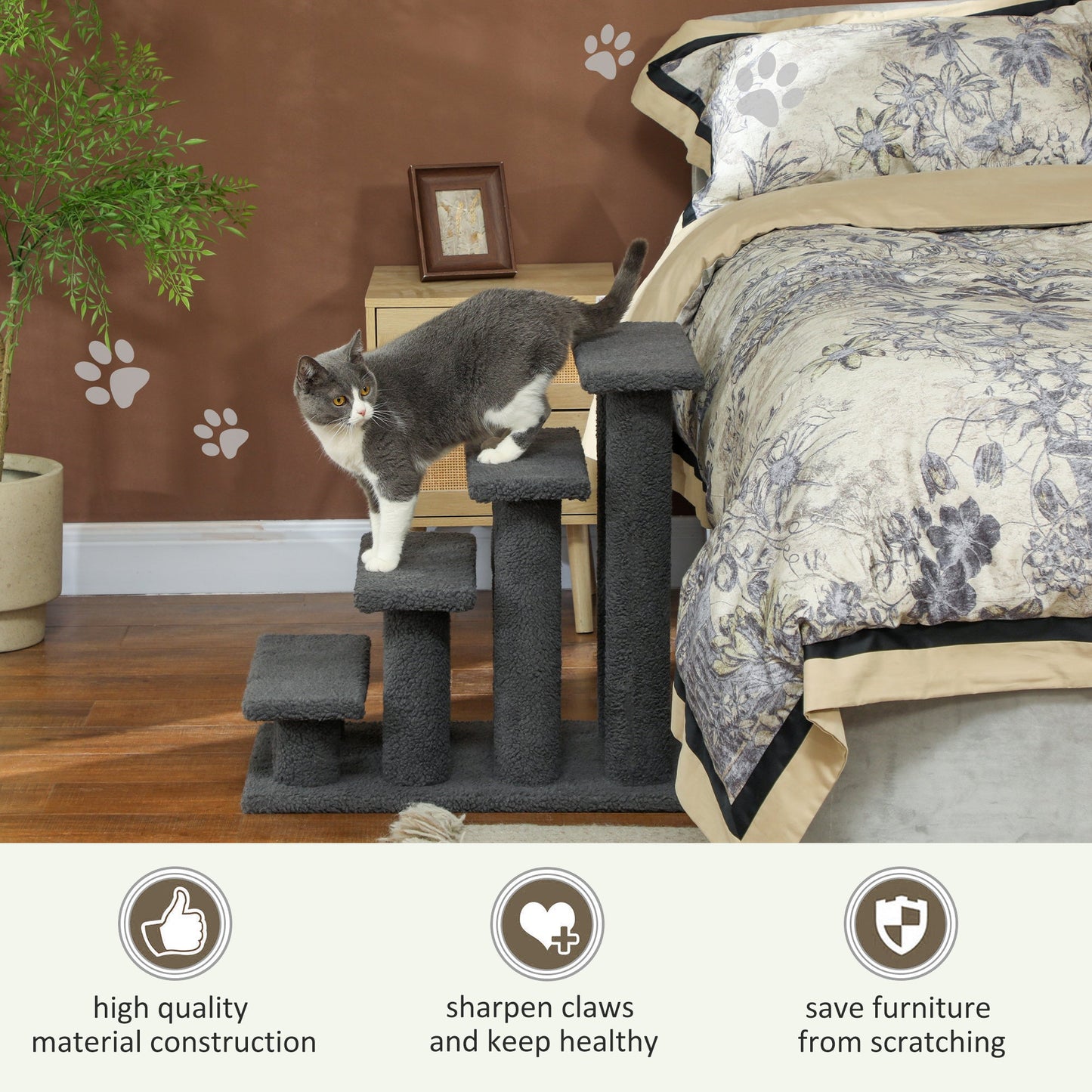 4-Step Multi-Level Carpeted Cat Scratching Post Pet Stairs, Dark Grey