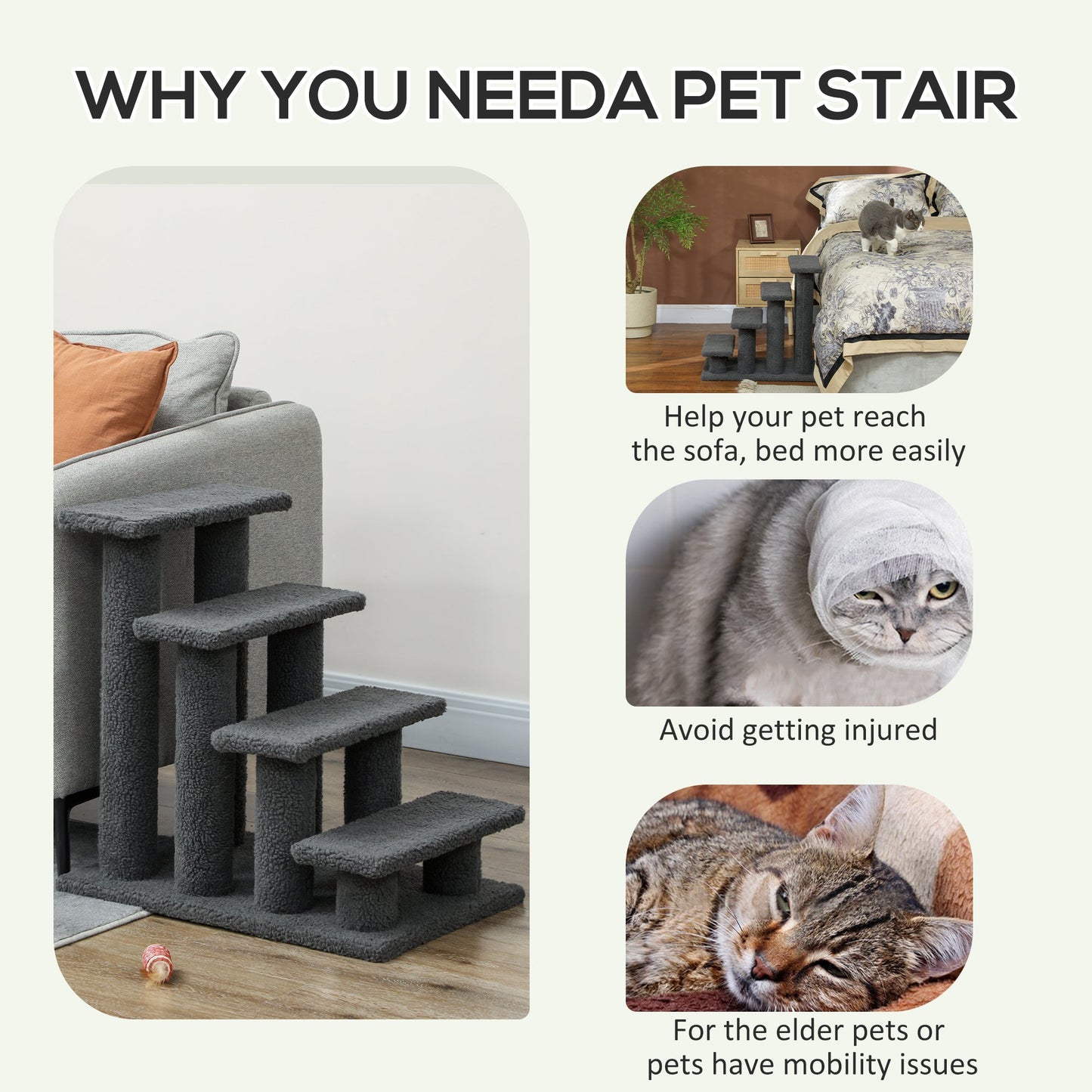 4-Step Multi-Level Carpeted Cat Scratching Post Pet Stairs, Dark Grey