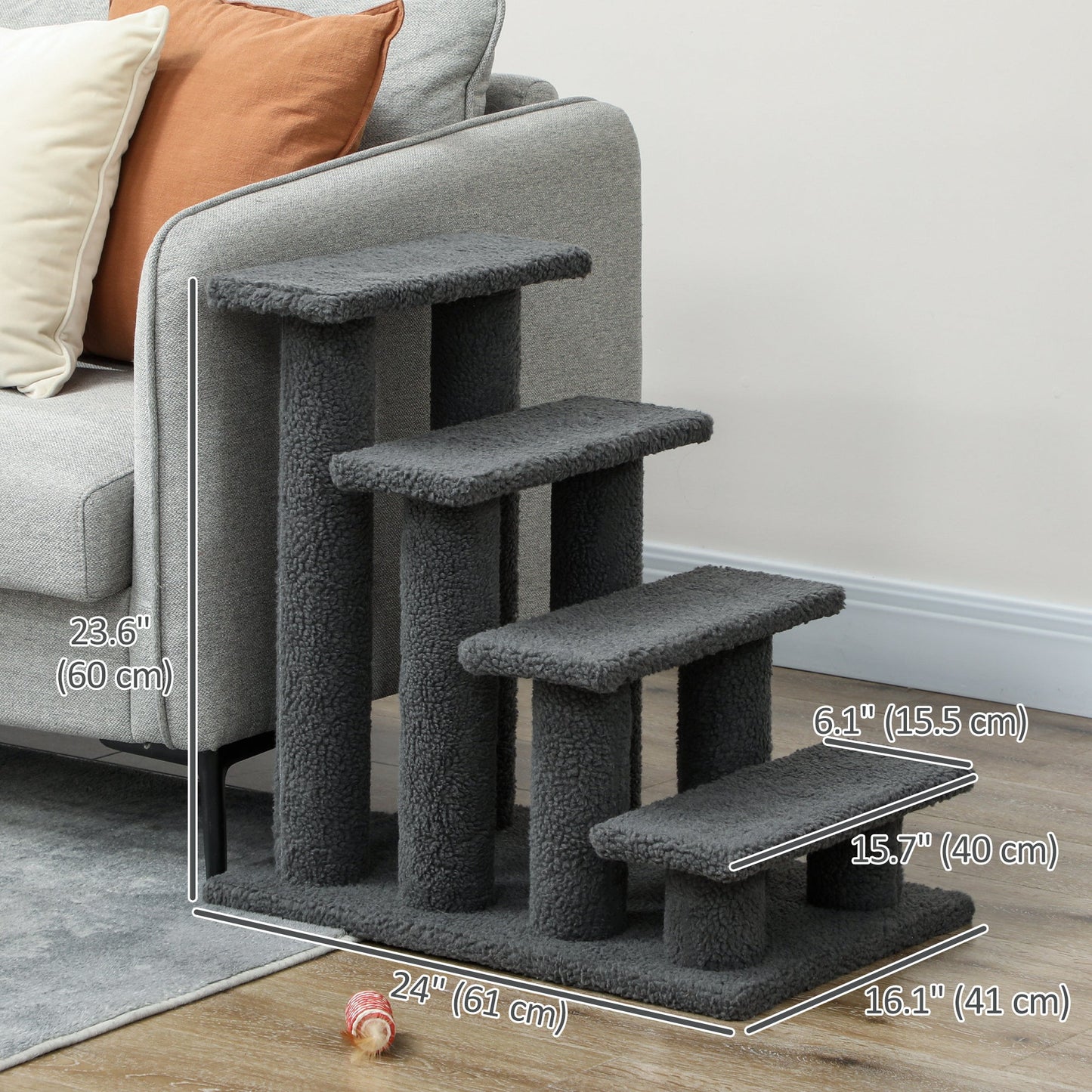 4-Step Multi-Level Carpeted Cat Scratching Post Pet Stairs, Dark Grey