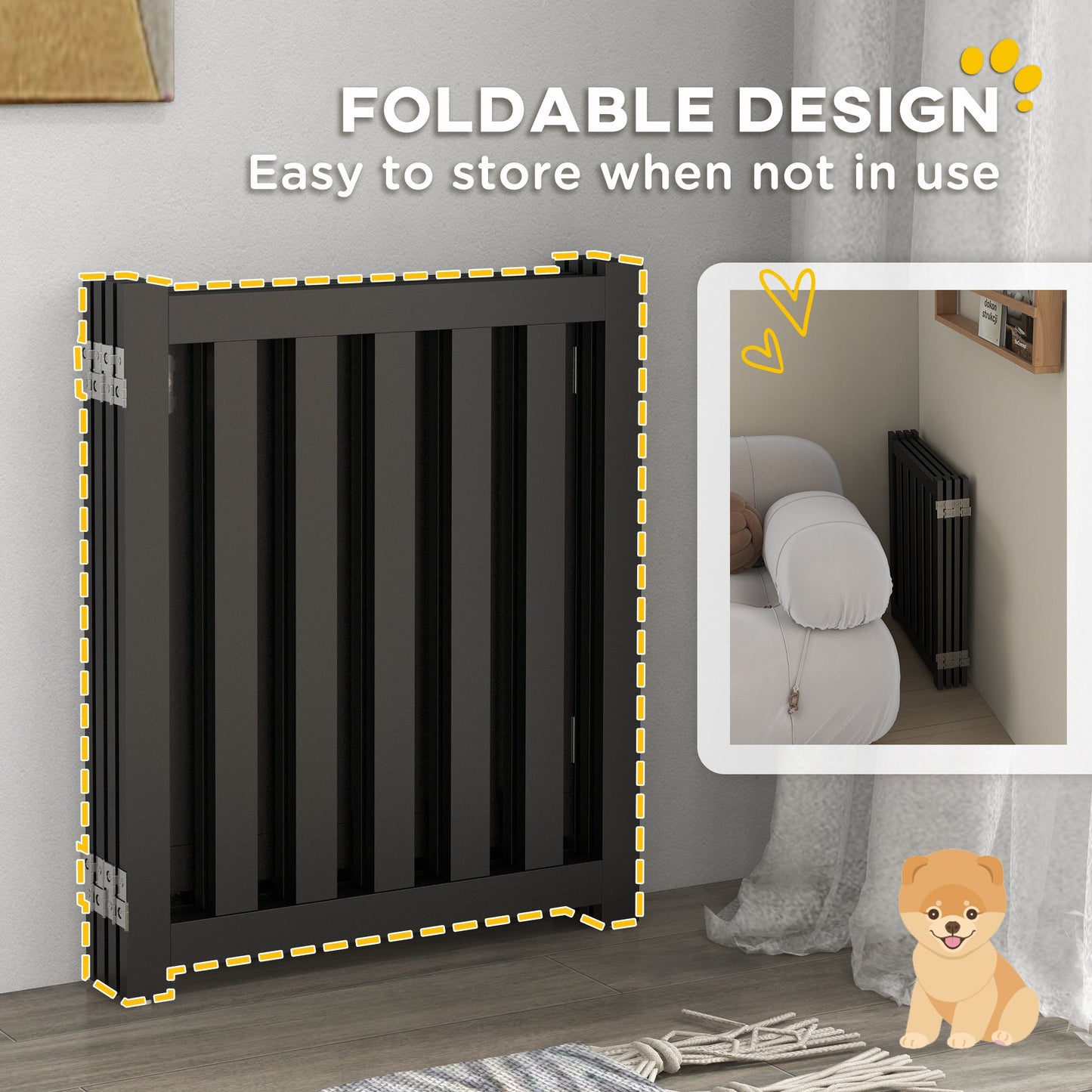 23.5"H Foldable Dog Gate with Door, 4 Panels Freestanding Pet Gate Barriers Indoor with Support Feet, Puppy Fence for Small Dogs, Black