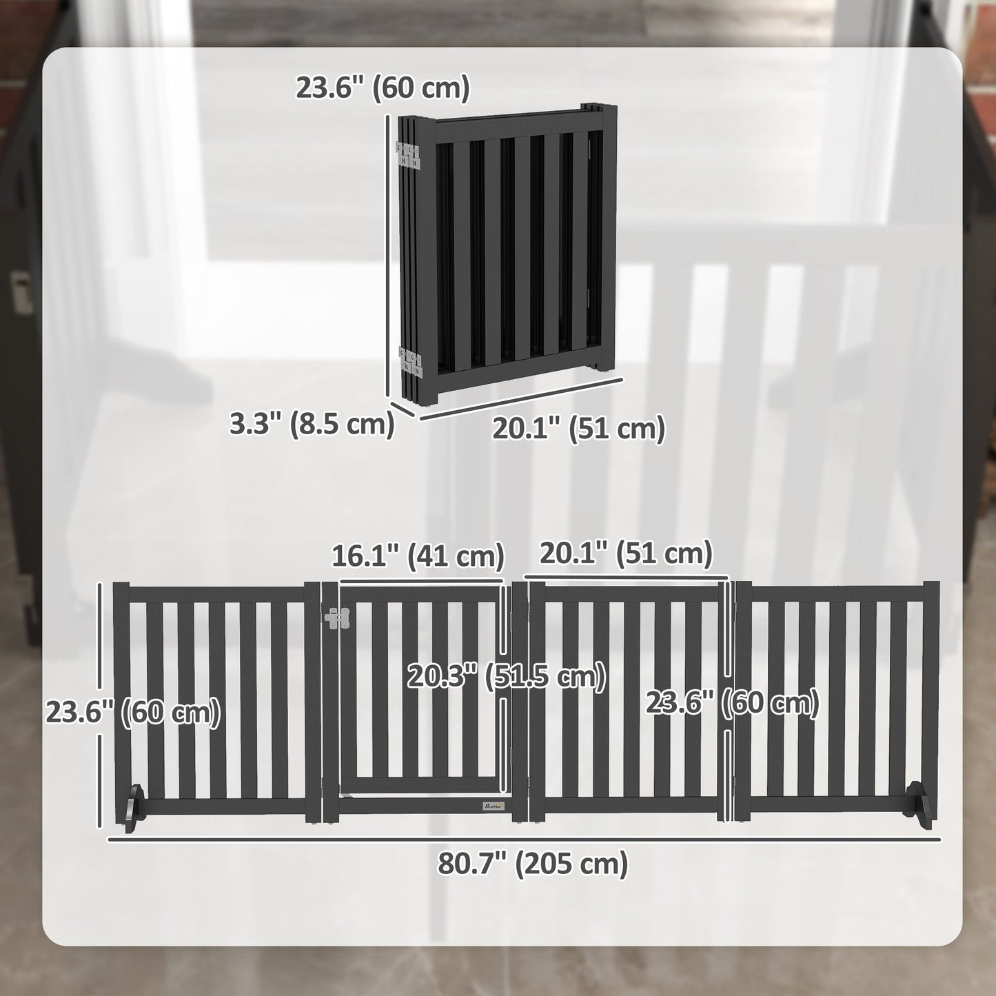 23.5"H Foldable Dog Gate with Door, 4 Panels Freestanding Pet Gate Barriers Indoor with Support Feet, Puppy Fence for Small Dogs, Black