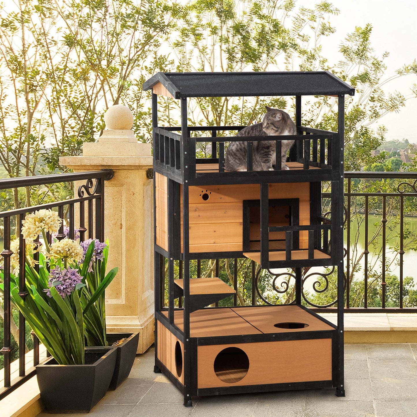 Outdoor Cat House, 4-Floor Wood Cat House for Feral Cats with Balcony, Condo, Fun Entrances, Perch, Natural