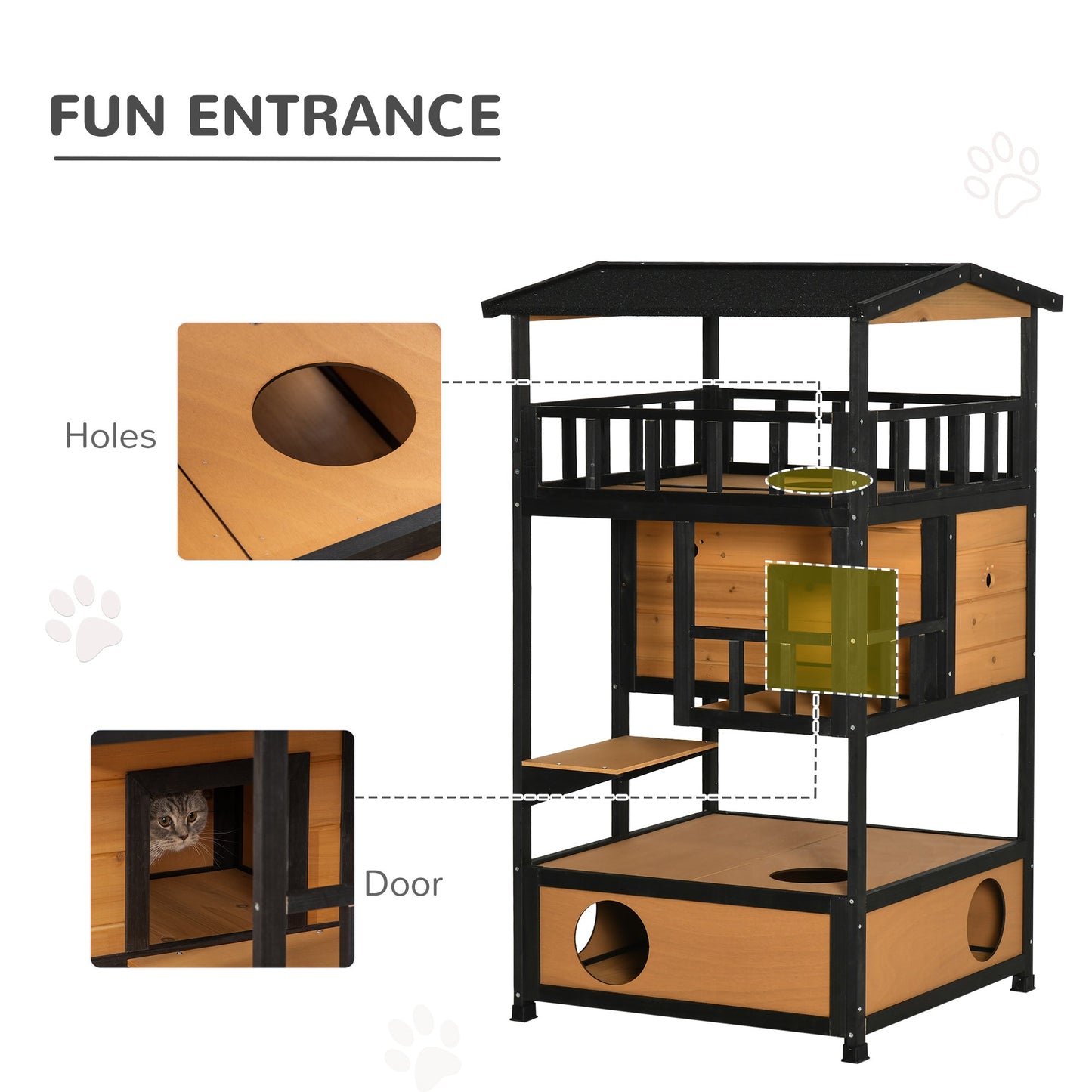 Outdoor Cat House, 4-Floor Wood Cat House for Feral Cats with Balcony, Condo, Fun Entrances, Perch, Natural