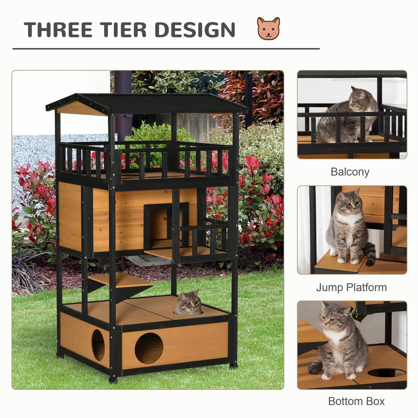 Outdoor Cat House, 4-Floor Wood Cat House for Feral Cats with Balcony, Condo, Fun Entrances, Perch, Natural