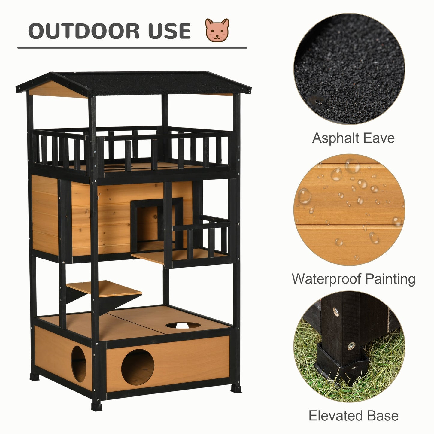 Outdoor Cat House, 4-Floor Wood Cat House for Feral Cats with Balcony, Condo, Fun Entrances, Perch, Natural