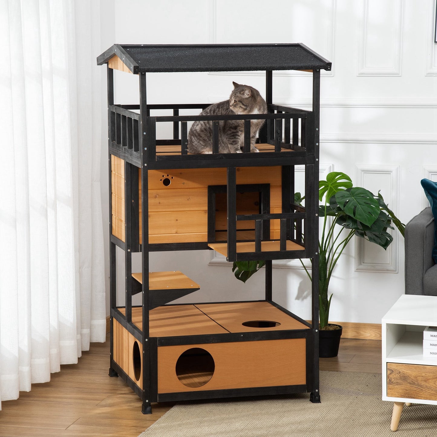 Outdoor Cat House, 4-Floor Wood Cat House for Feral Cats with Balcony, Condo, Fun Entrances, Perch, Natural