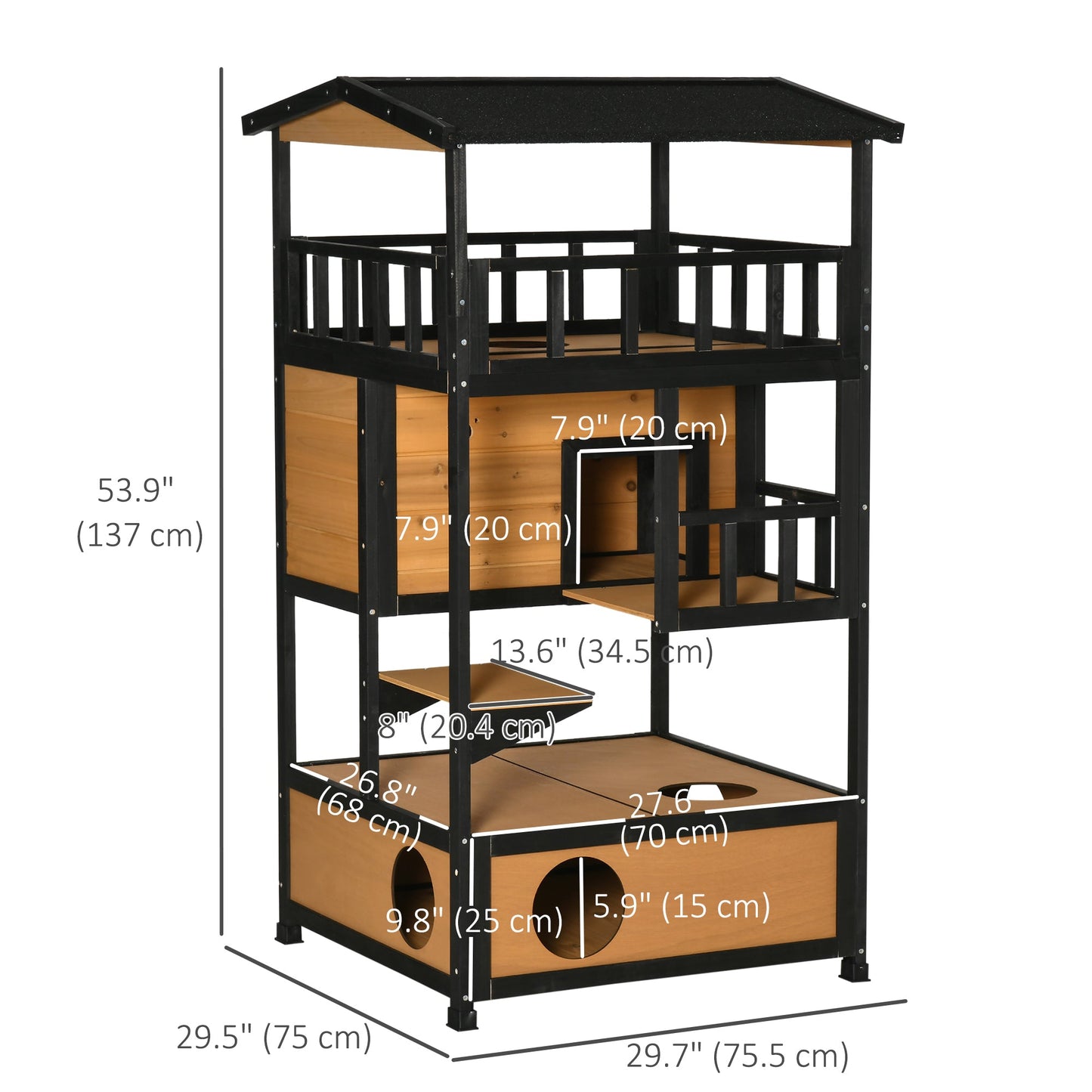 Outdoor Cat House, 4-Floor Wood Cat House for Feral Cats with Balcony, Condo, Fun Entrances, Perch, Natural