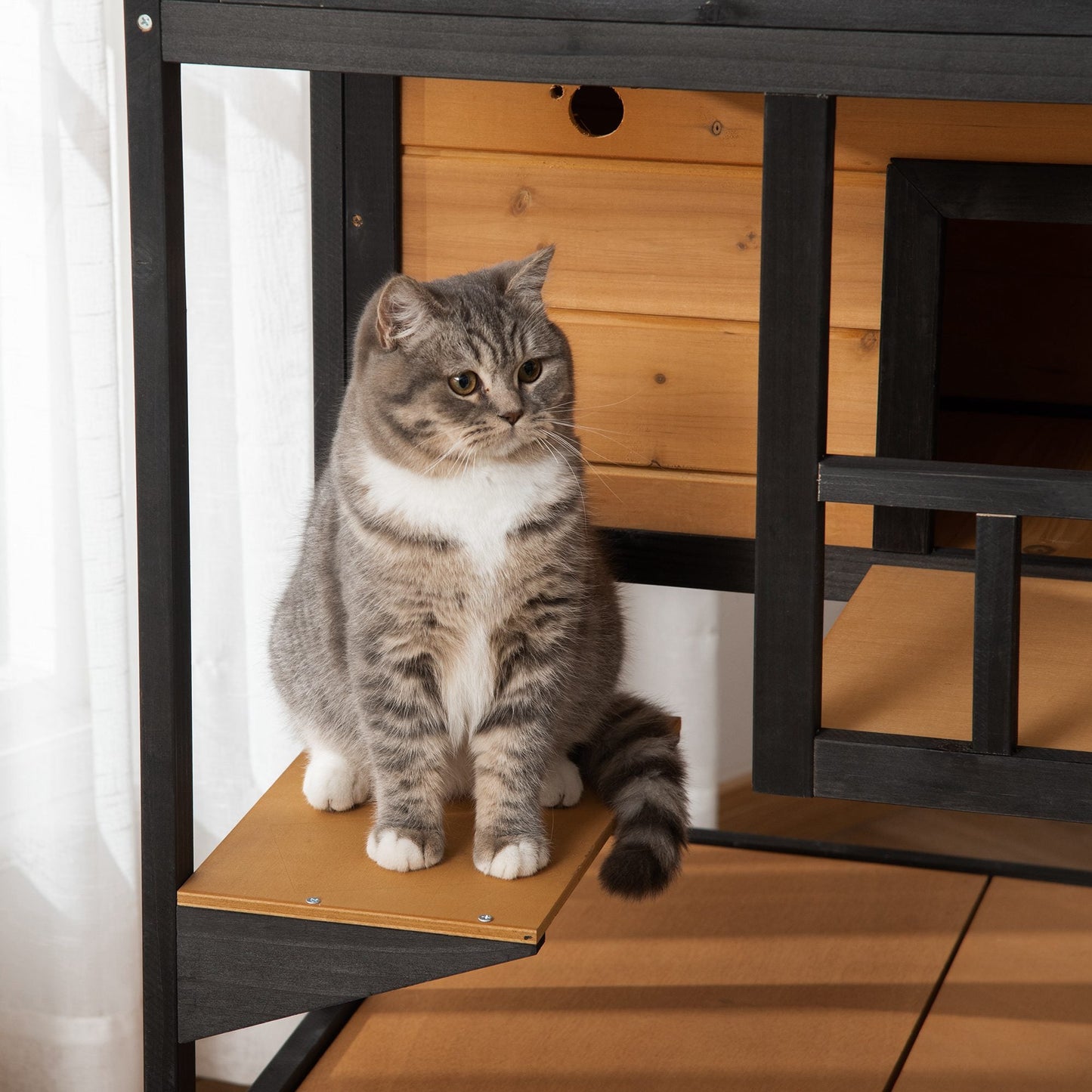 Outdoor Cat House, 4-Floor Wood Cat House for Feral Cats with Balcony, Condo, Fun Entrances, Perch, Natural