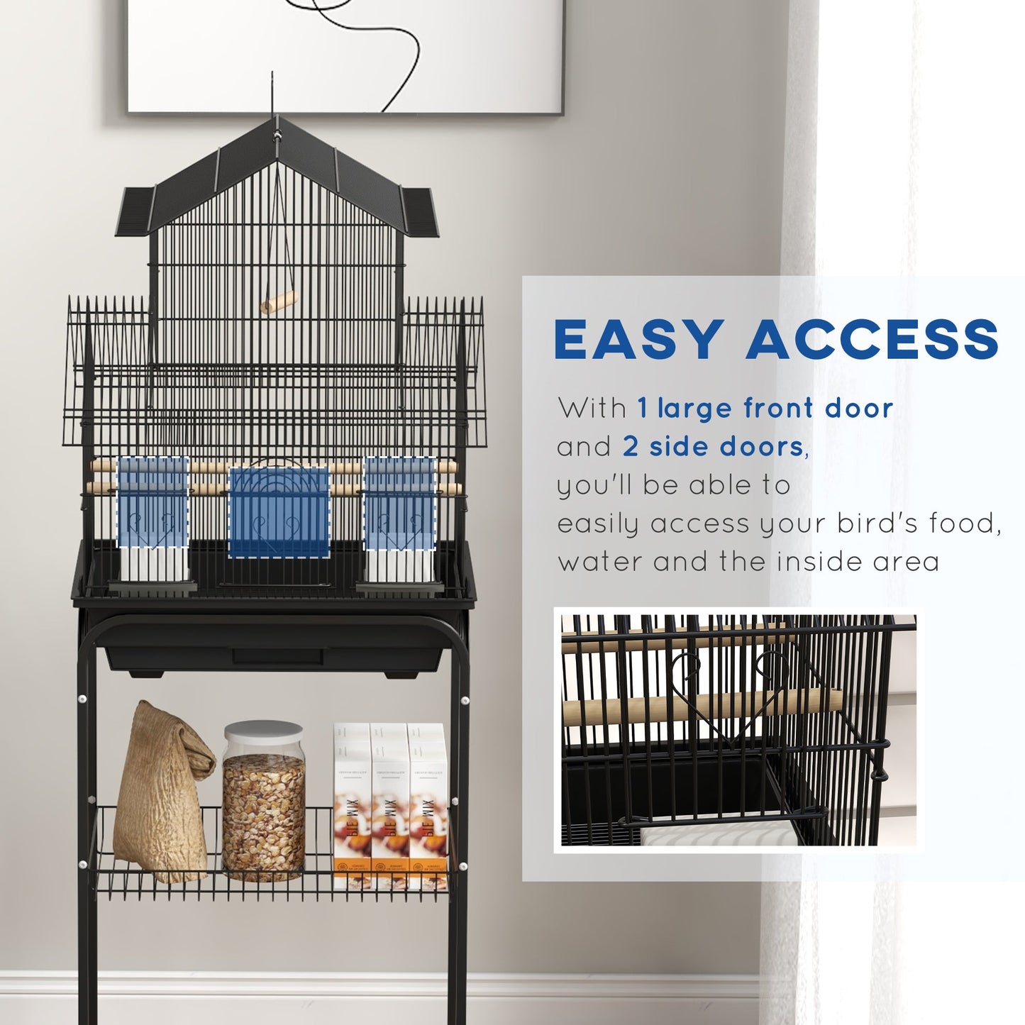 48" Bird Cage for Finches, Canaries, Budgies, Indoor Parrot Cage with Perch, Swing, Food Container, Slide-out Tray, Handle, Stand, Bottom Shelf, Black