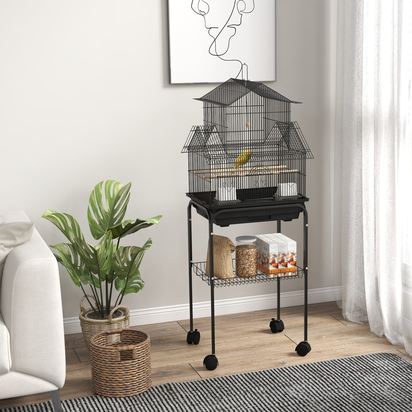 48" Bird Cage for Finches, Canaries, Budgies, Indoor Parrot Cage with Perch, Swing, Food Container, Slide-out Tray, Handle, Stand, Bottom Shelf, Black