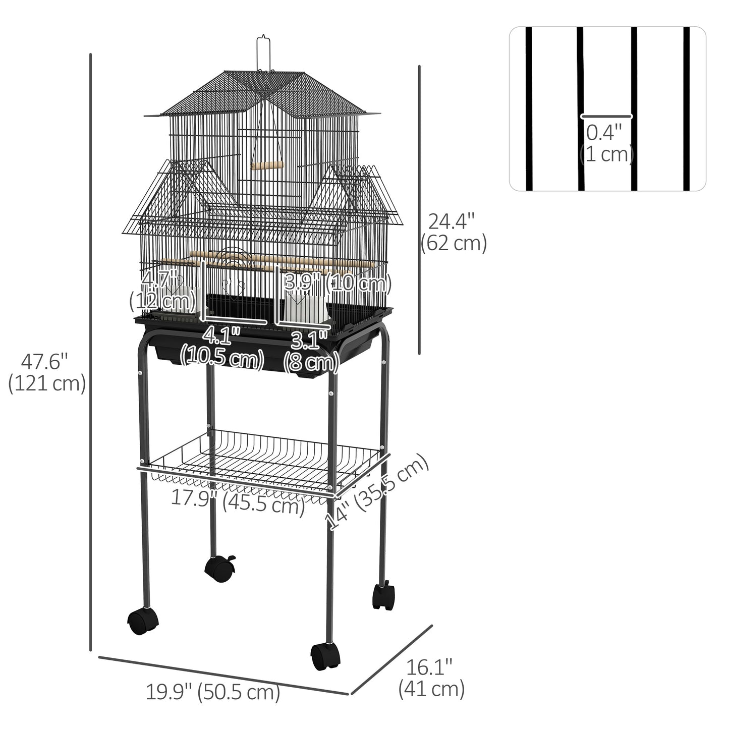 48" Bird Cage for Finches, Canaries, Budgies, Indoor Parrot Cage with Perch, Swing, Food Container, Slide-out Tray, Handle, Stand, Bottom Shelf, Black