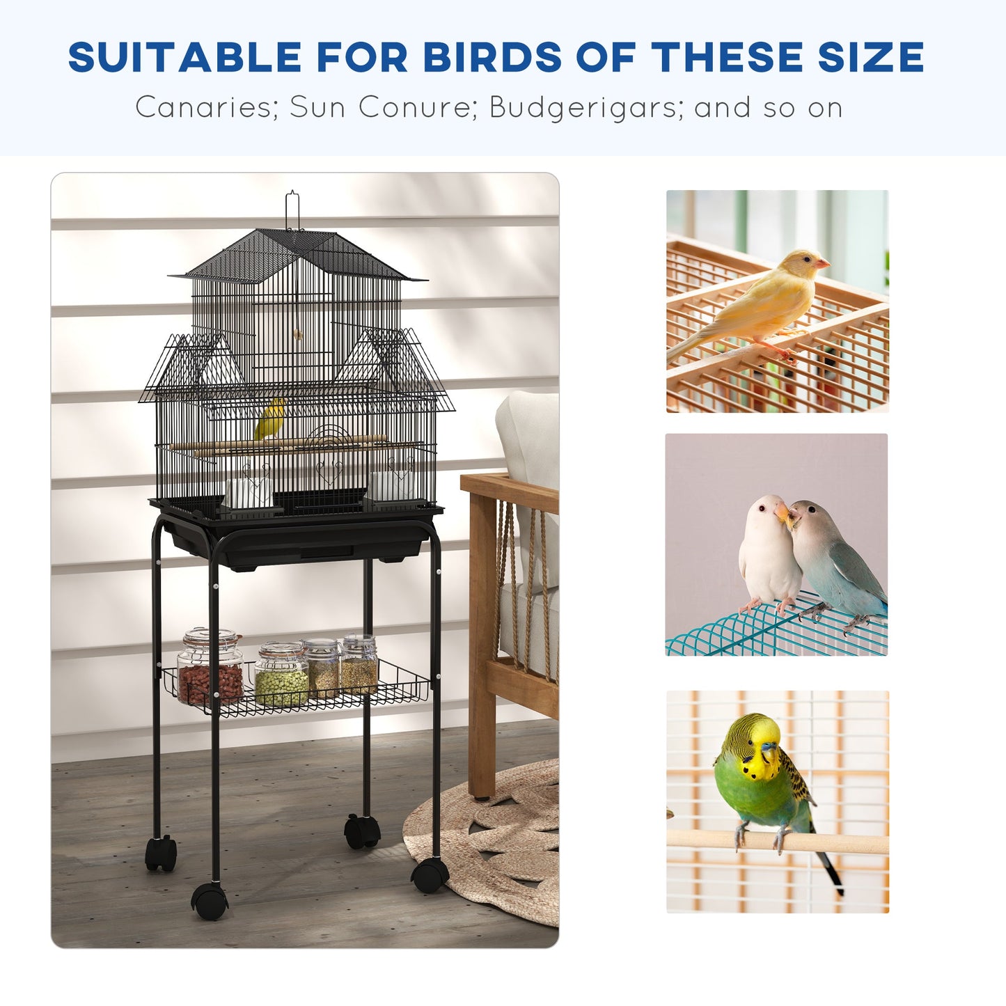 48" Bird Cage for Finches, Canaries, Budgies, Indoor Parrot Cage with Perch, Swing, Food Container, Slide-out Tray, Handle, Stand, Bottom Shelf, Black