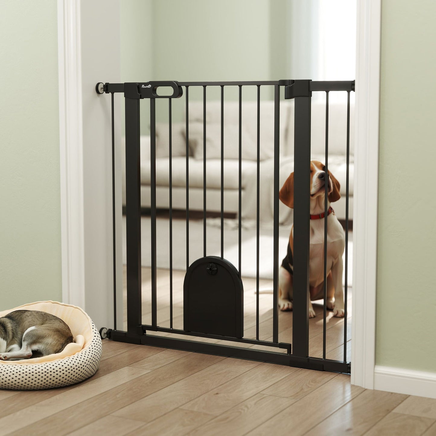 30"-41" Extra Wide Pet Gate with Small Door, 35"H Dog Gate with Safety Gate Barrier, Stair Pressure Fit, Auto Close, Double Locking, for Doorways, Hallways, Black