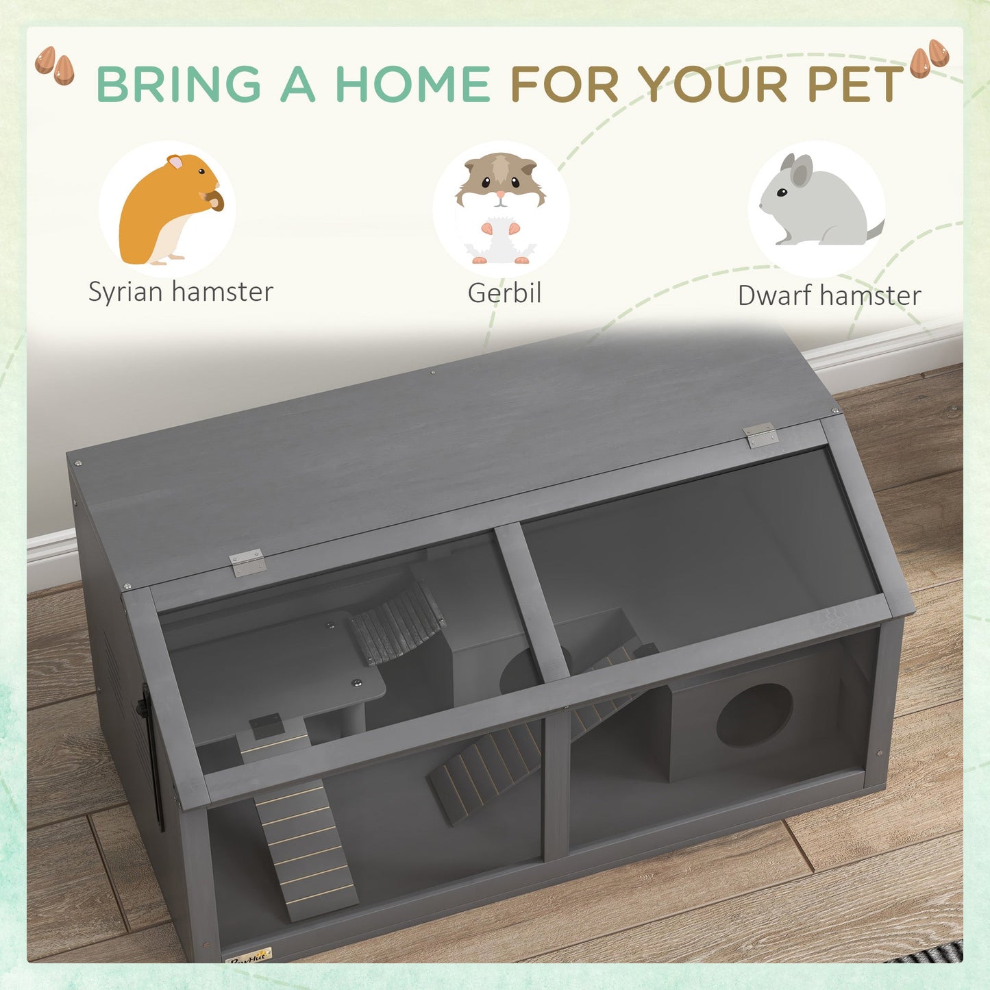 Wooden Hamster Cage, 33.5"L Hamster Habitat, Small Animal Cage for Syrian Drawf Hamster Gerbils Mice with Suspension Bridge, Ladders, Openable Top, Platform, Dark Grey